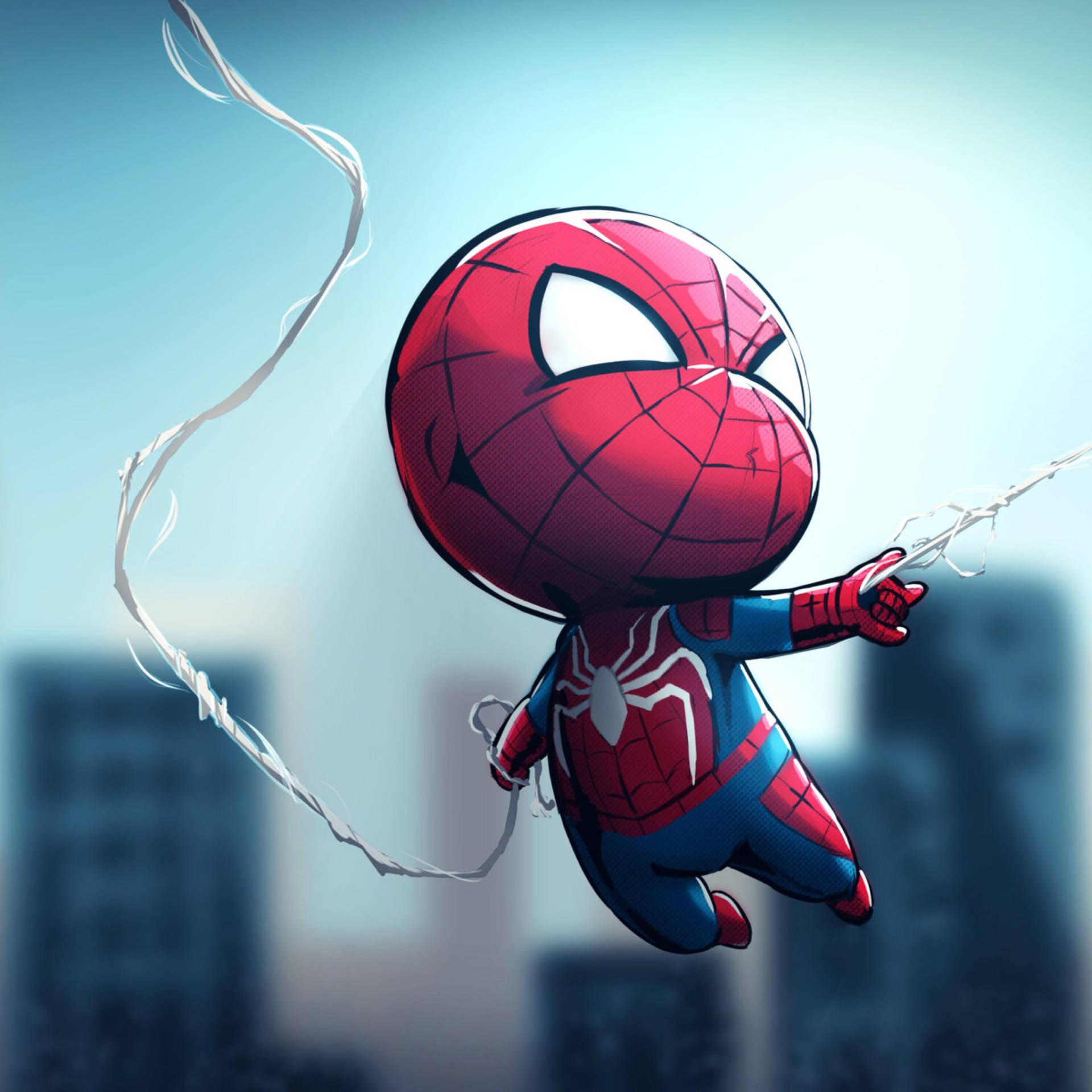 Chibi Spider-Man μπαλόνι με μεγάλο κεφάλι και στρογγυλή κοιλιά να κρατιέται από τις υπερδυνάμεις του ιστού του ενώ αιωρείται. — Spider Man Ταπετσαρία