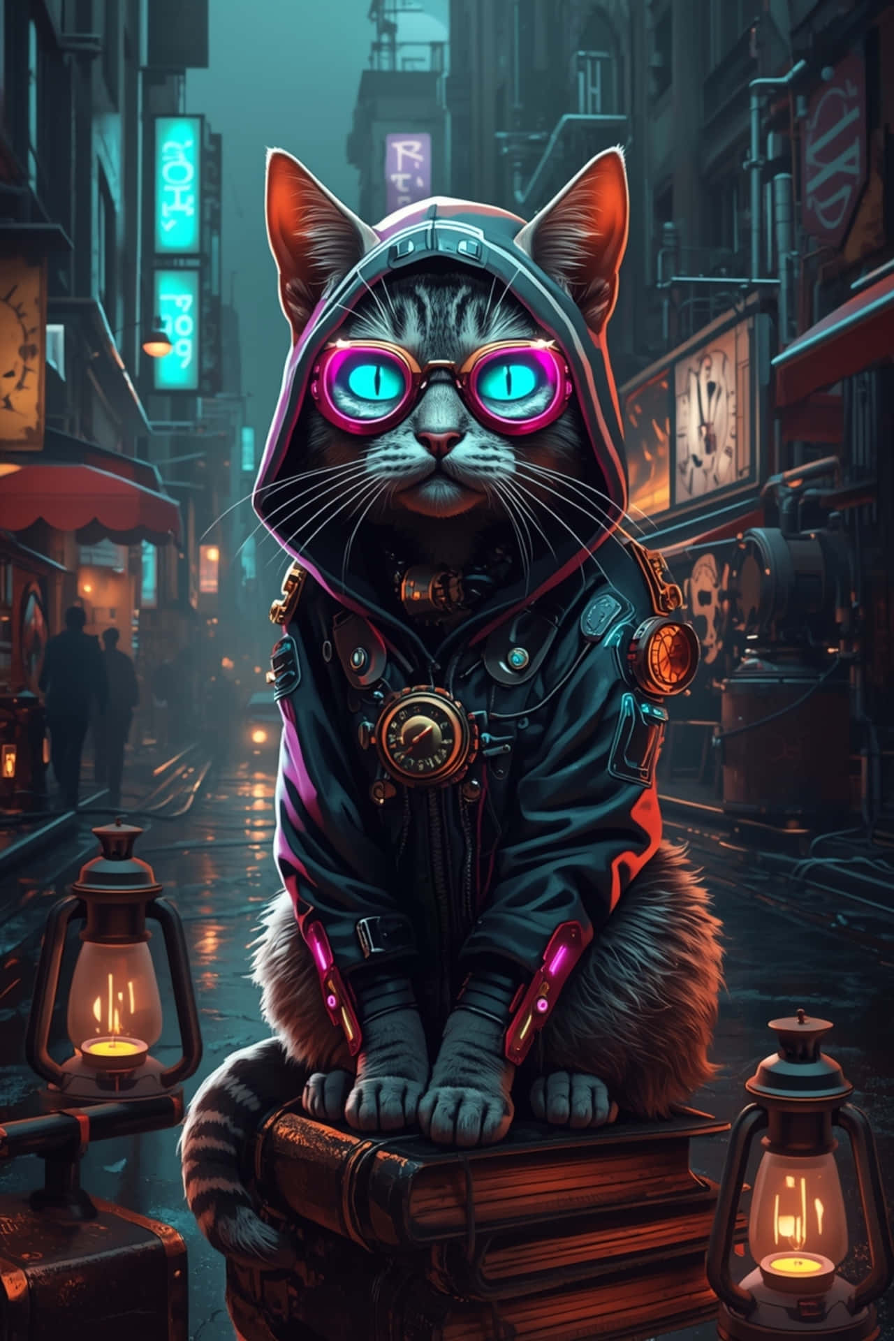 hoodie, τεχνολογία, τέχνη, φουτουριστικό, γατάκι, steampunk, νέον, γυαλιά, γάτα, cyberpunk