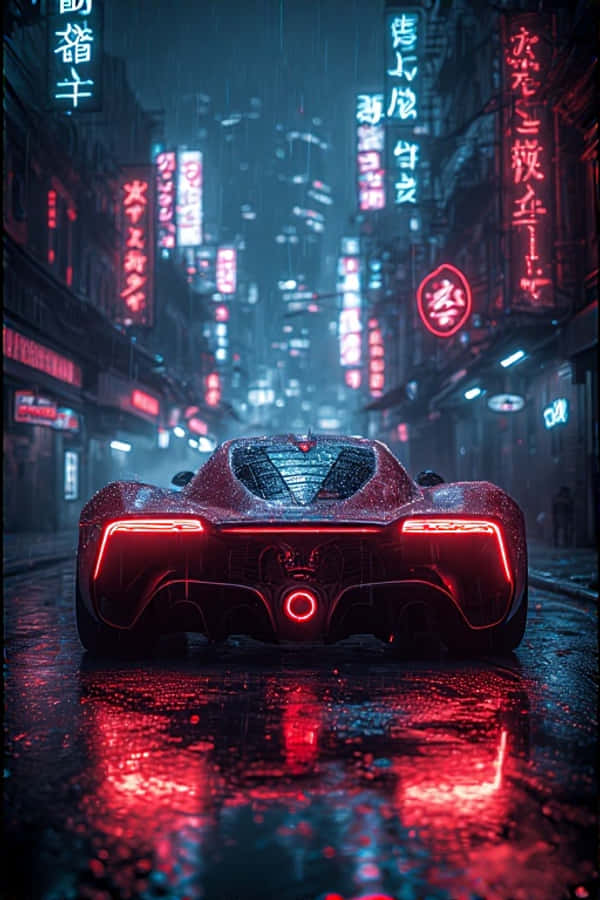 Cyberpunk Supercar σε Νέον Βροχερό Σοκάκι Futuristic 4K Ταπετσαρία