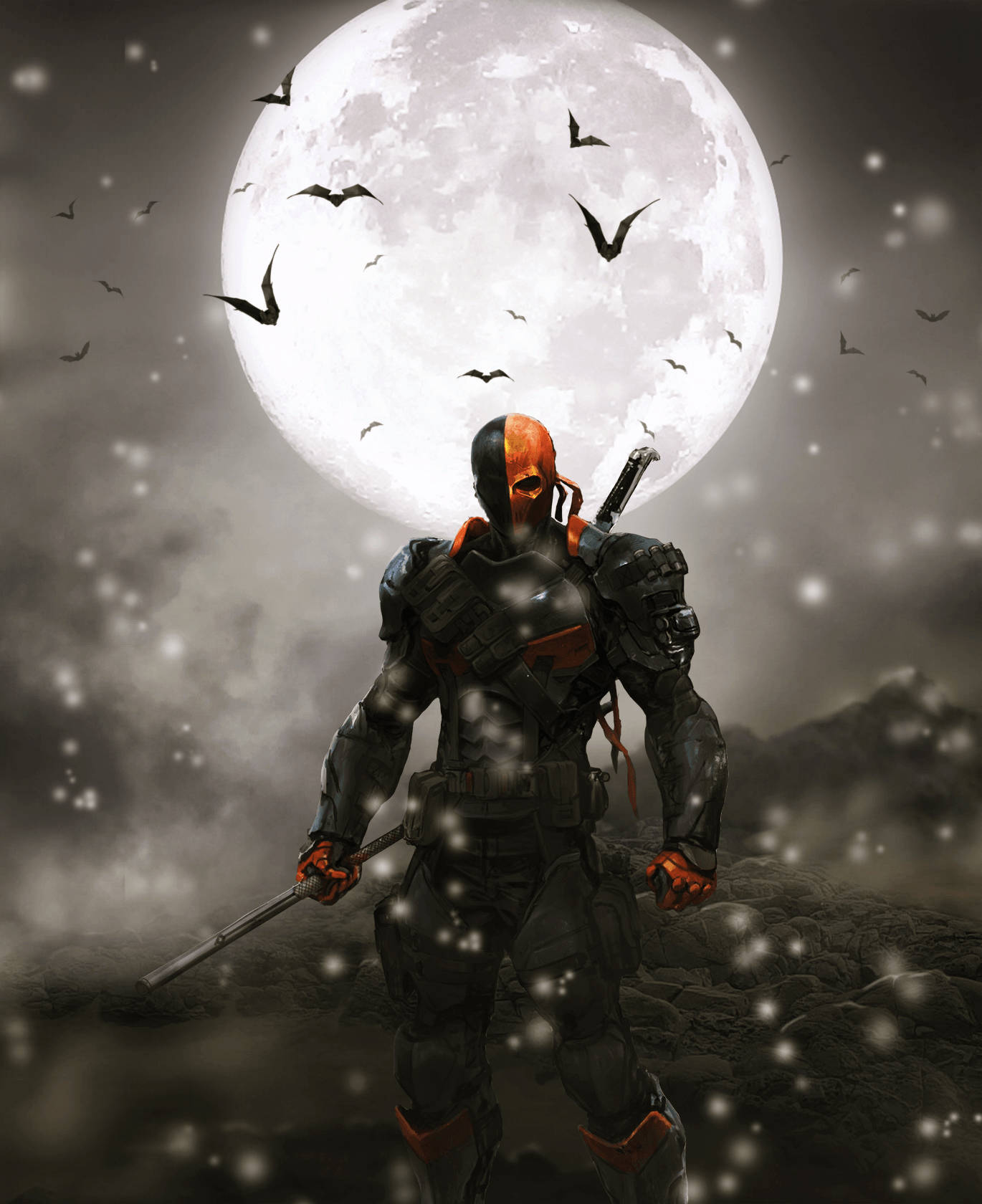 Ο απειλητικός Deathstroke σημαδεύει στη μέση ενός κοσμικού πεδίου μάχης. Ταπετσαρία