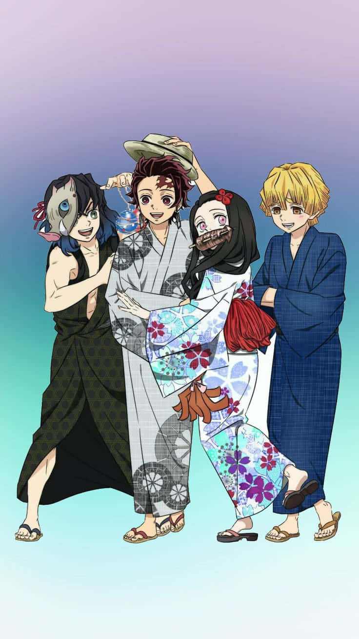 Χαριτωμένοι Χαρακτήρες Demon Slayer Inosuke Tanjiro Nezuko και Zenitsu Ταπετσαρία