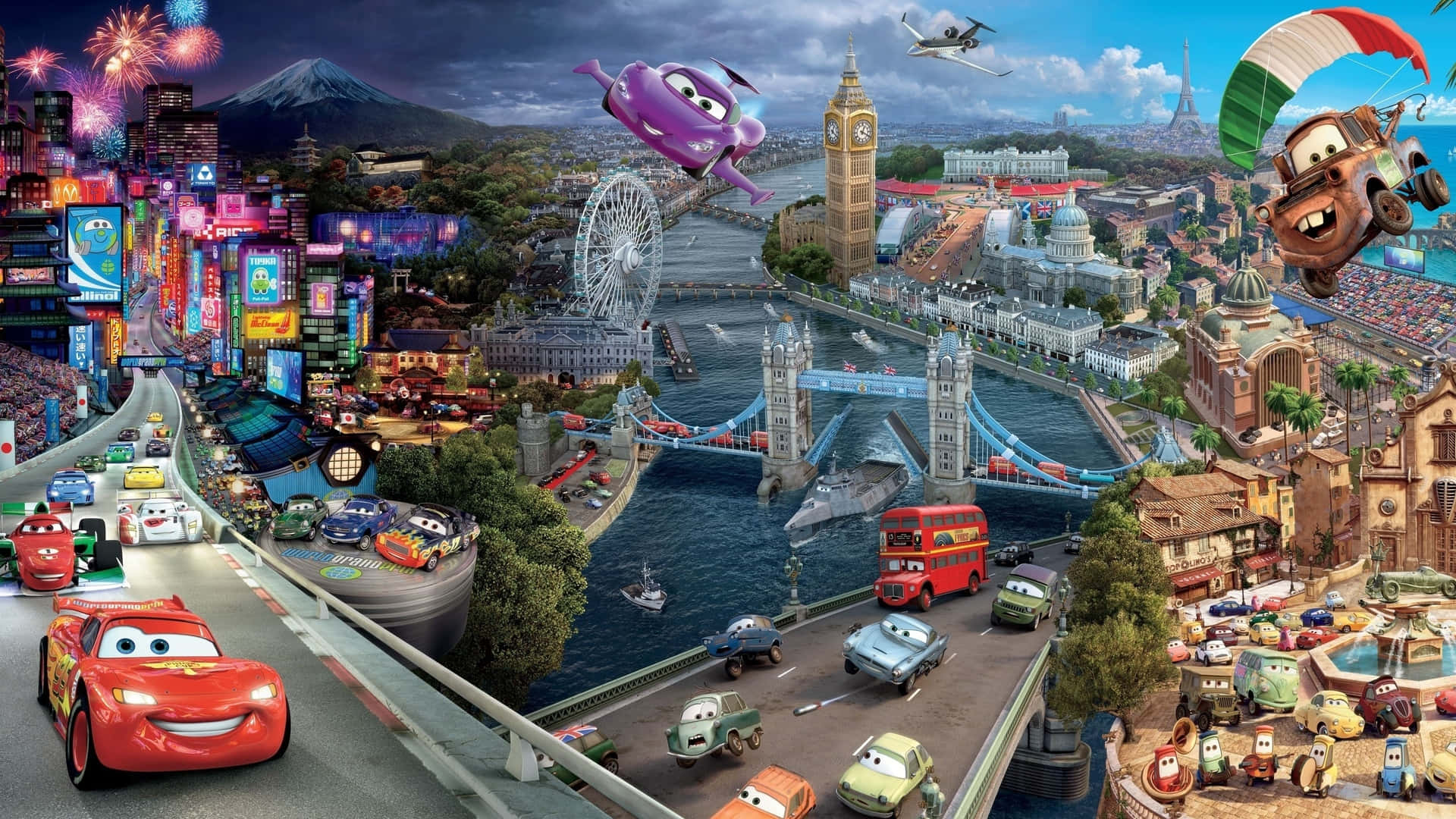 αυτοκίνητα της disney - μια πόλη με πολλά αυτοκίνητα να πετούν τριγύρω Ταπετσαρία