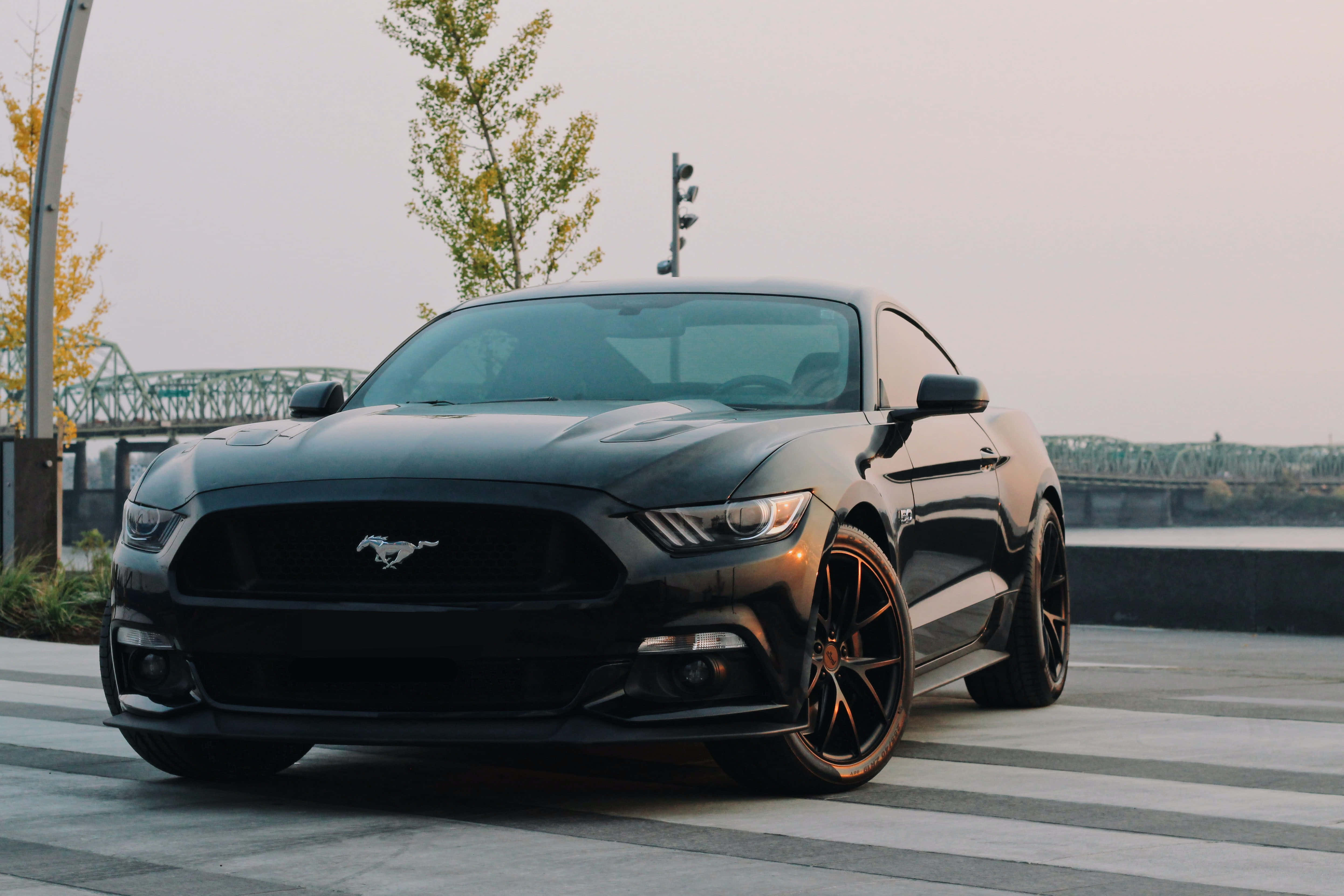Μια μαύρη Ford Mustang παρκαρισμένη σε έναν δρόμο Ταπετσαρία