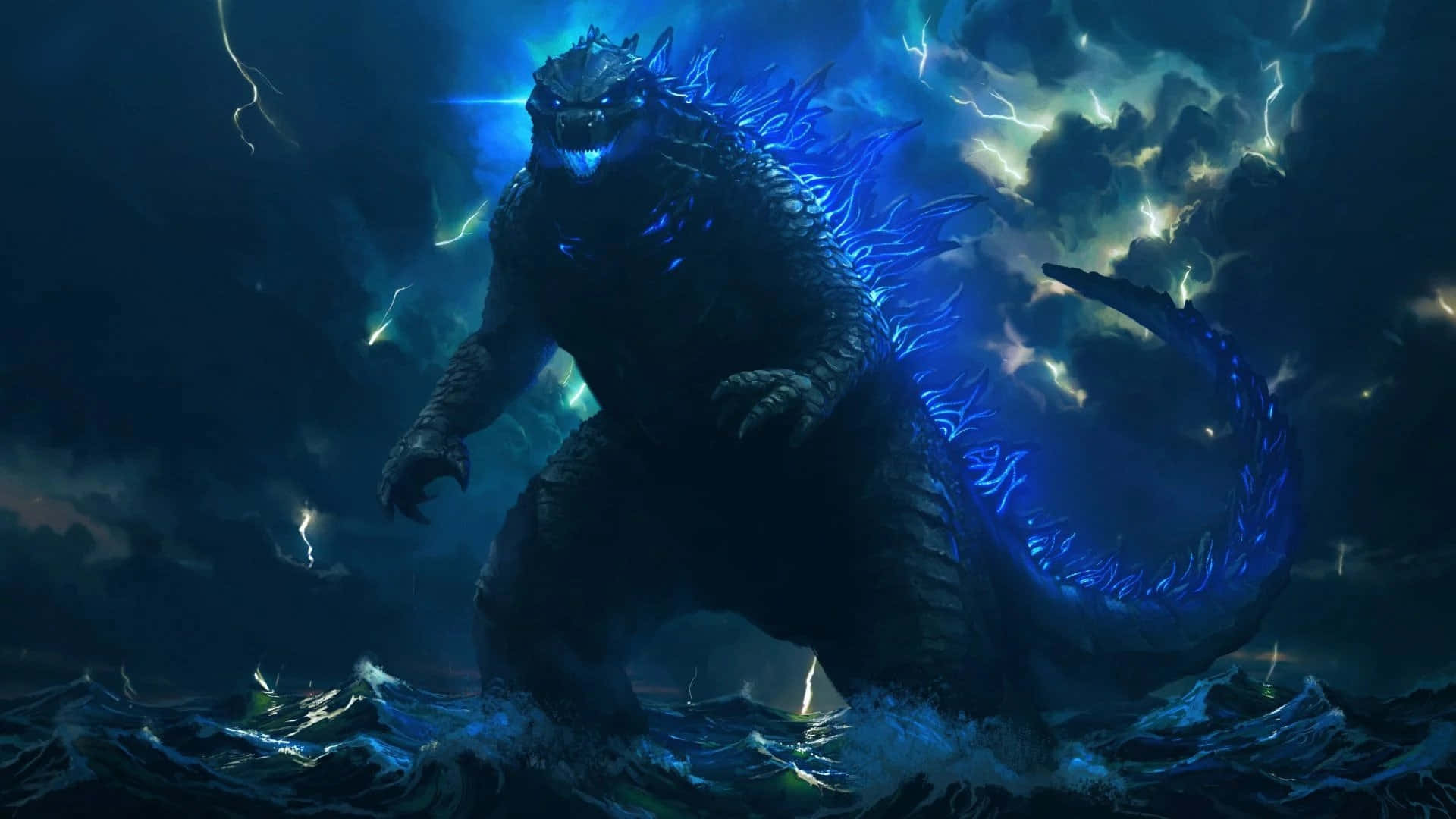 Godzilla με μπλε νέον φως πάνω από τον ωκεανό Ταπετσαρία