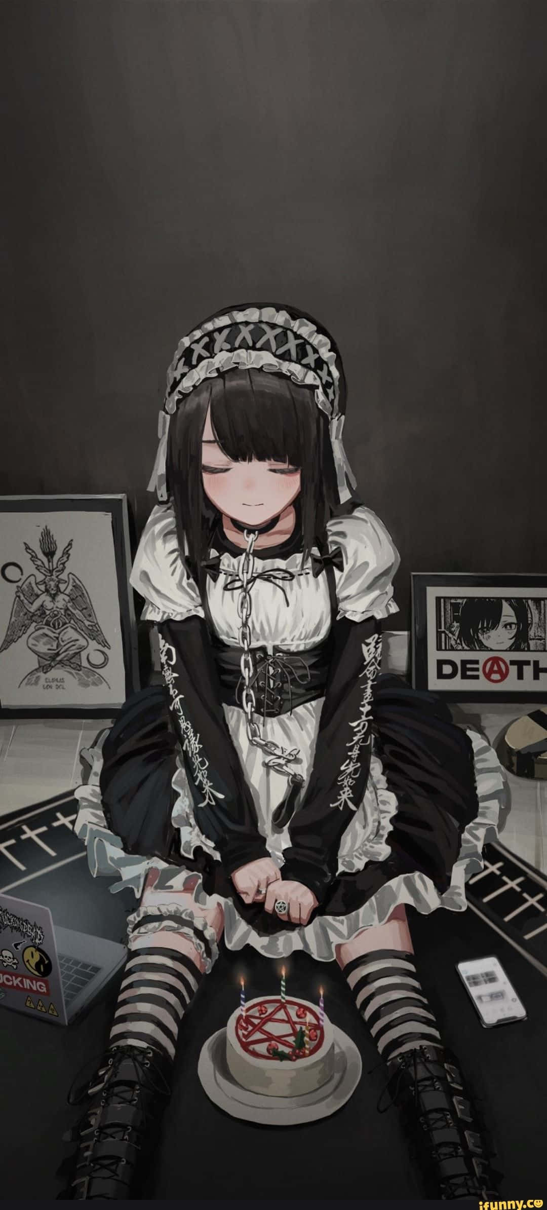 Goth Anime Υπηρέτρια Μπροστά από Πεντάγραμμο Κέικ Ταπετσαρία