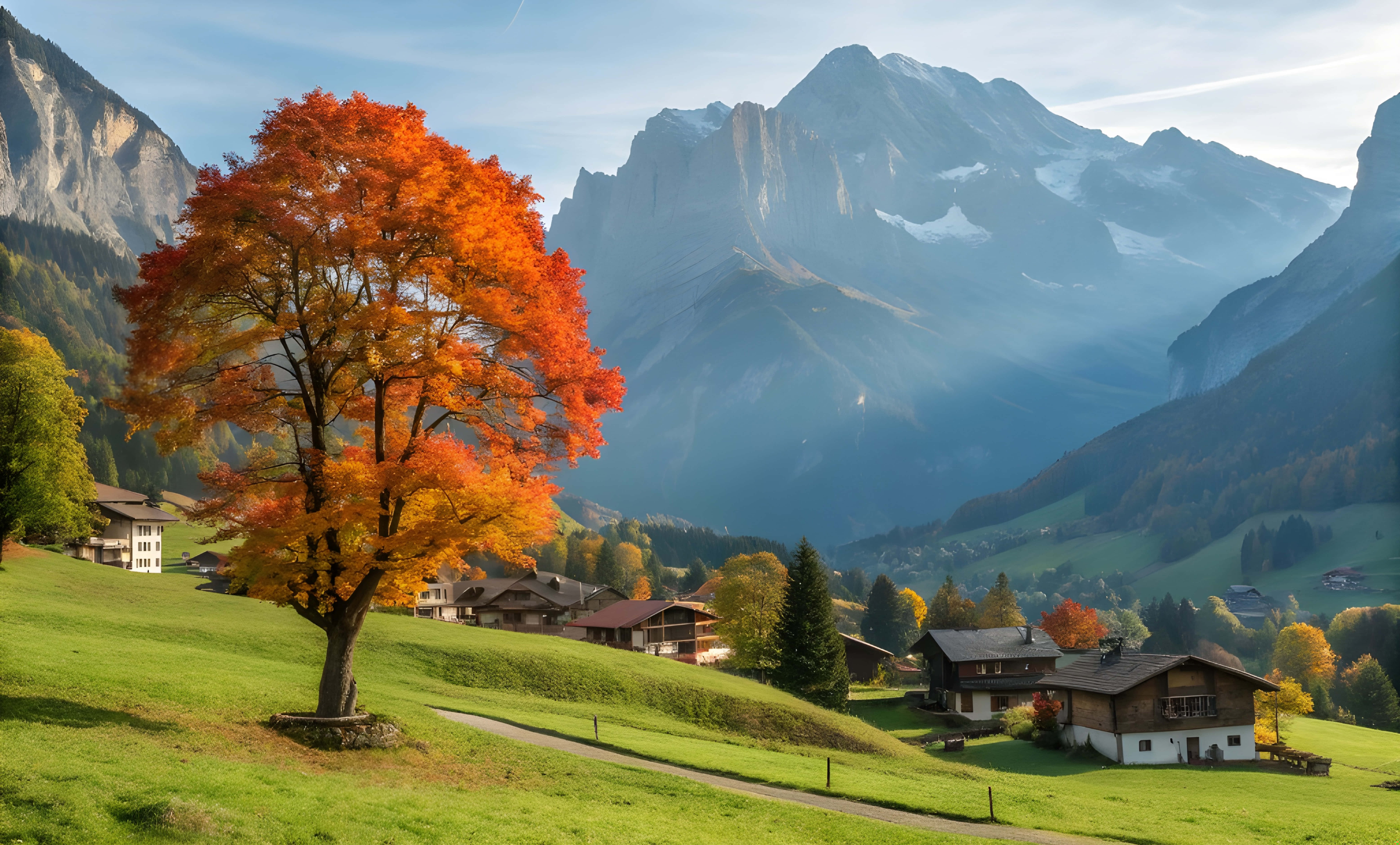 Χωριό Grindelwald και πορτοκαλιά με θέα σε μπλε βουνό Ταπετσαρία