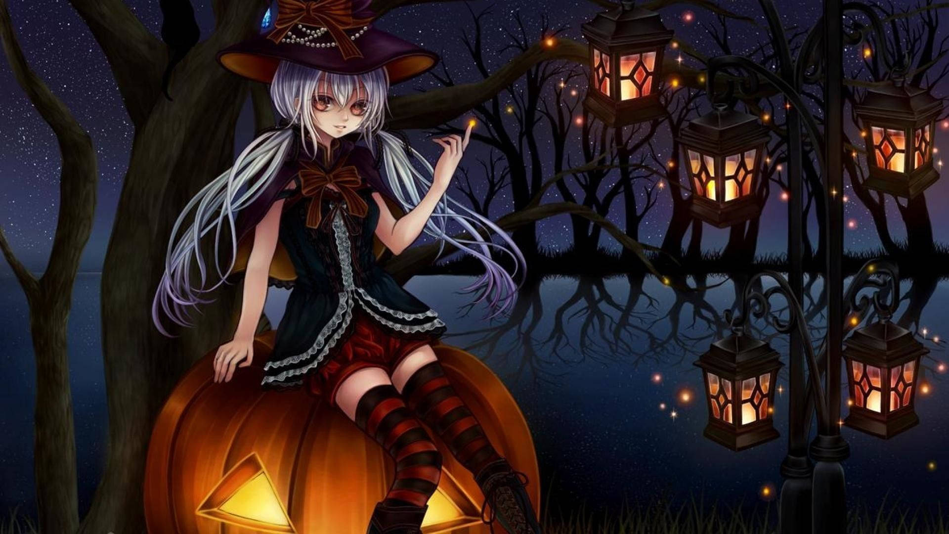 Κορίτσι Κινουμένων Σχεδίων Halloween σε Κολοκύθα Ταπετσαρία