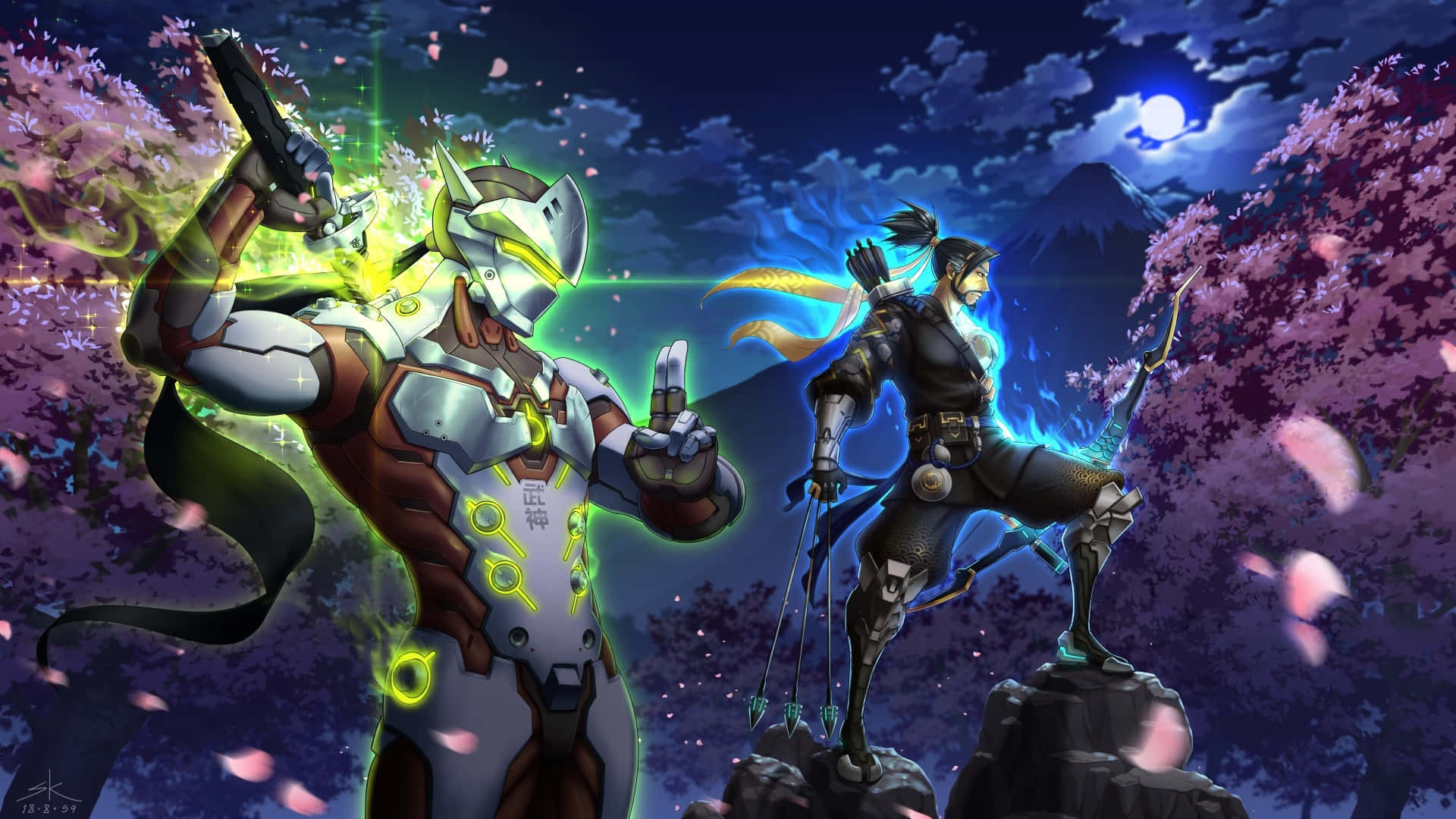 Hanzo και Genji Χαρακτήρες 1920x1080 Overwatch Νυχτερινό Φόντο Ταπετσαρία
