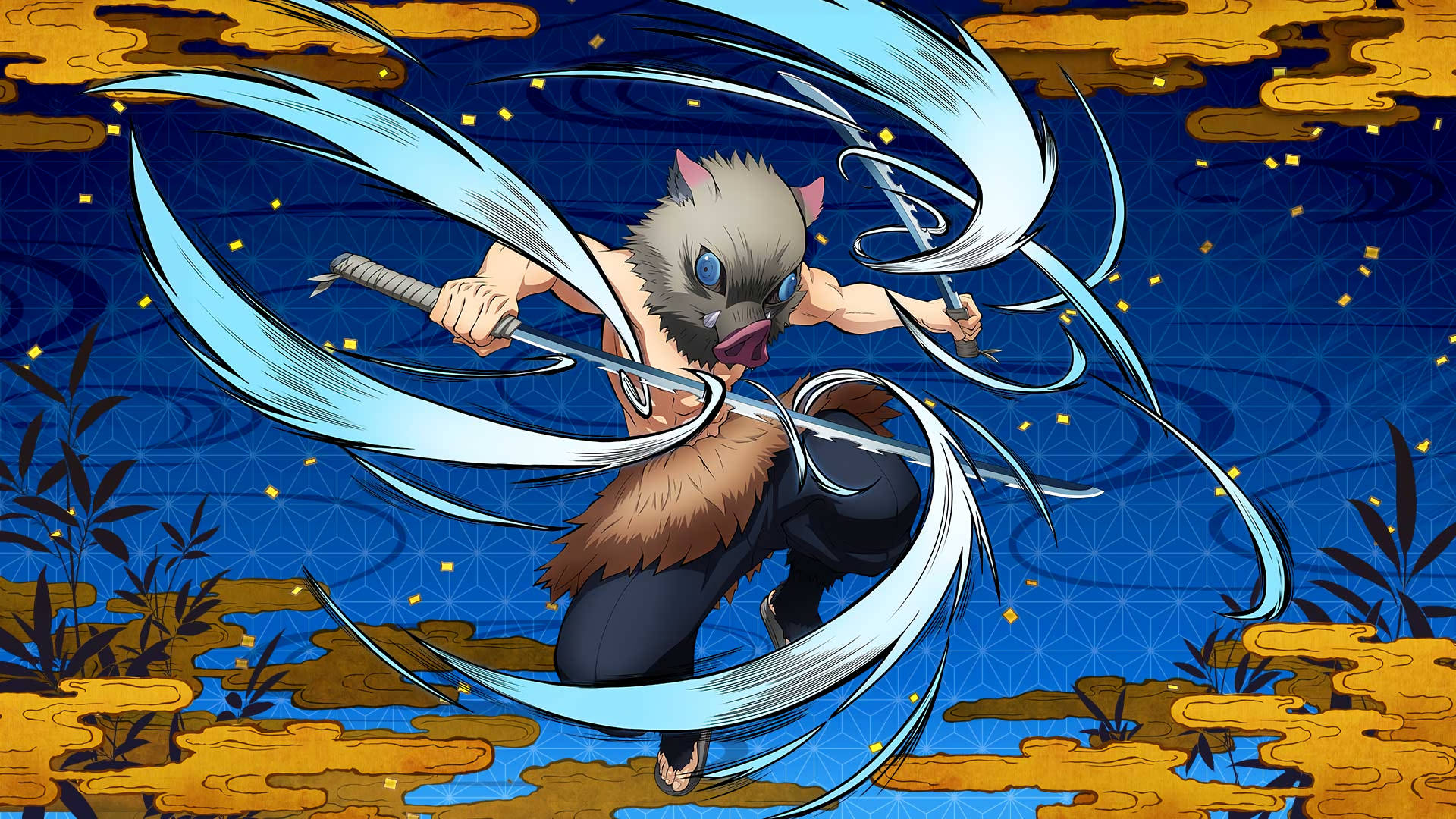 Inosuke από το Demon Slayer με δίνες νερού στα σπαθιά του Ταπετσαρία