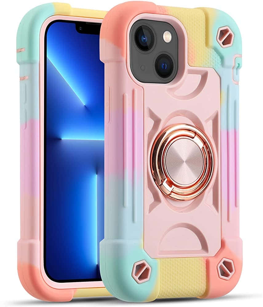 Μια πολύχρωμη θήκη iPhone 11 με ένα δαχτυλίδι πάνω της Ταπετσαρία