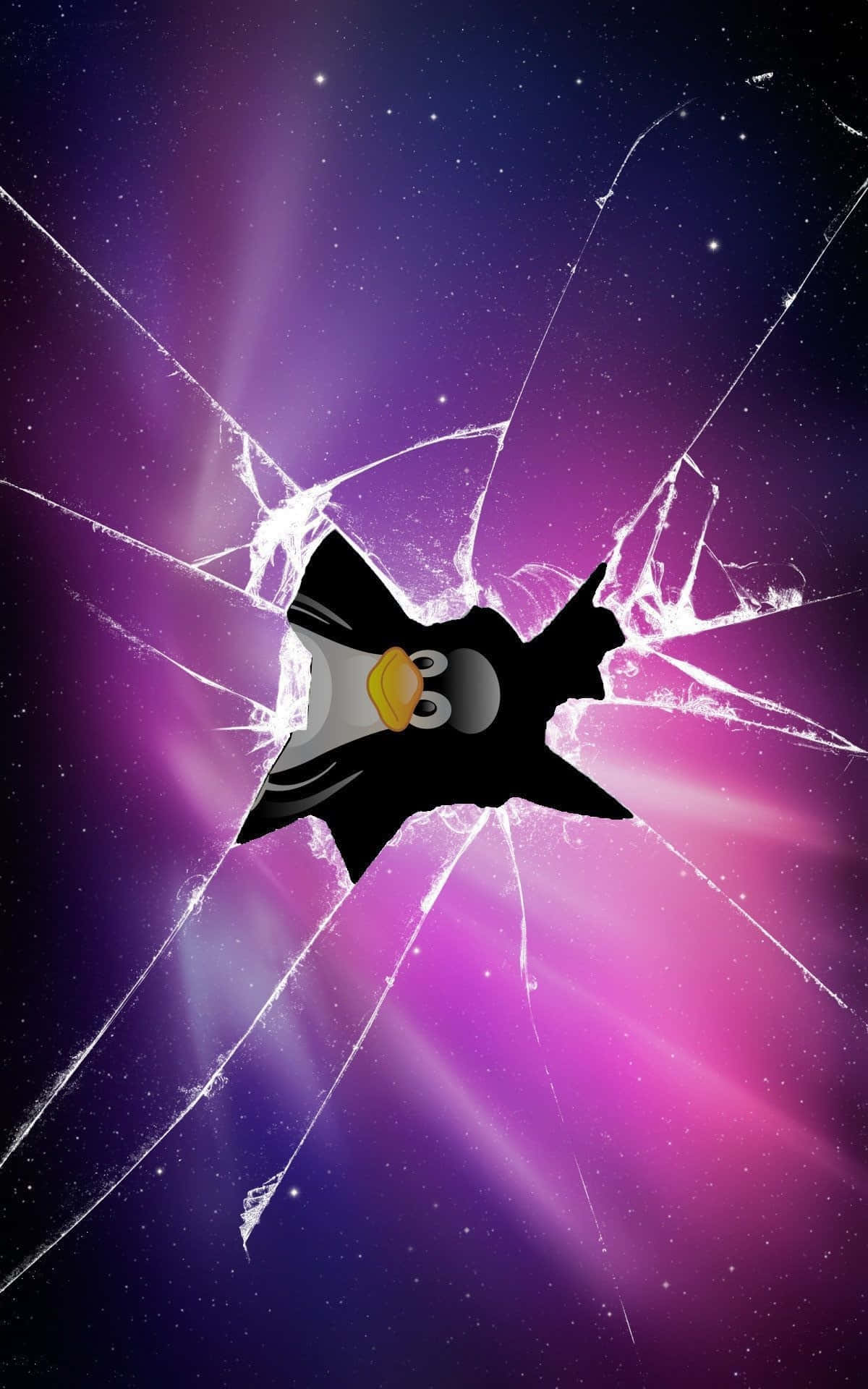 Φάρσα με ραγισμένη οθόνη iPhone και πιγκουίνο Linux Ταπετσαρία