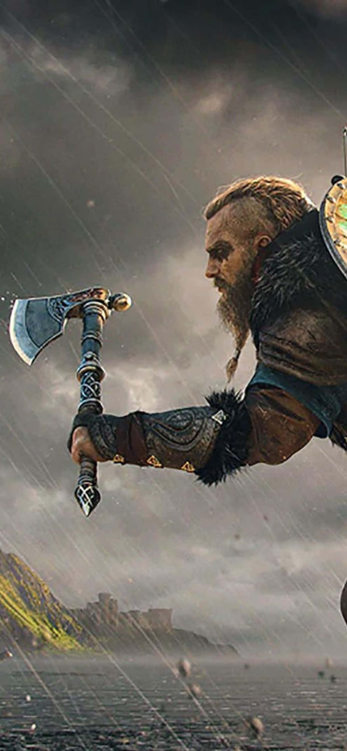 iPhone Xs Assassin's Creed Valhalla Βίκινγκ Πολεμιστής στη Βροχή Φόντο Ταπετσαρία