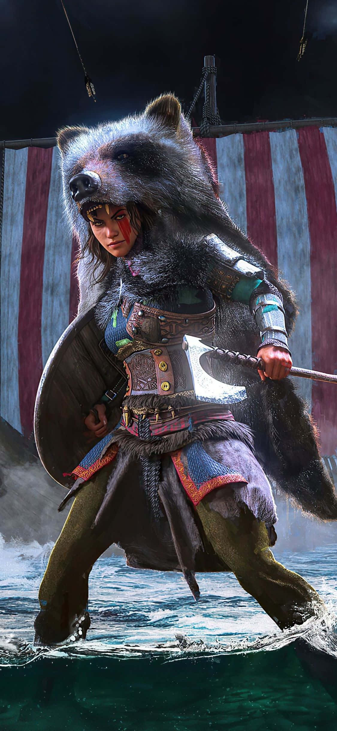 iPhone Xs Assassin's Creed Valhalla Γυναίκα Βίκινγκ με Καπέλο Αρκούδας Φόντο Ταπετσαρία