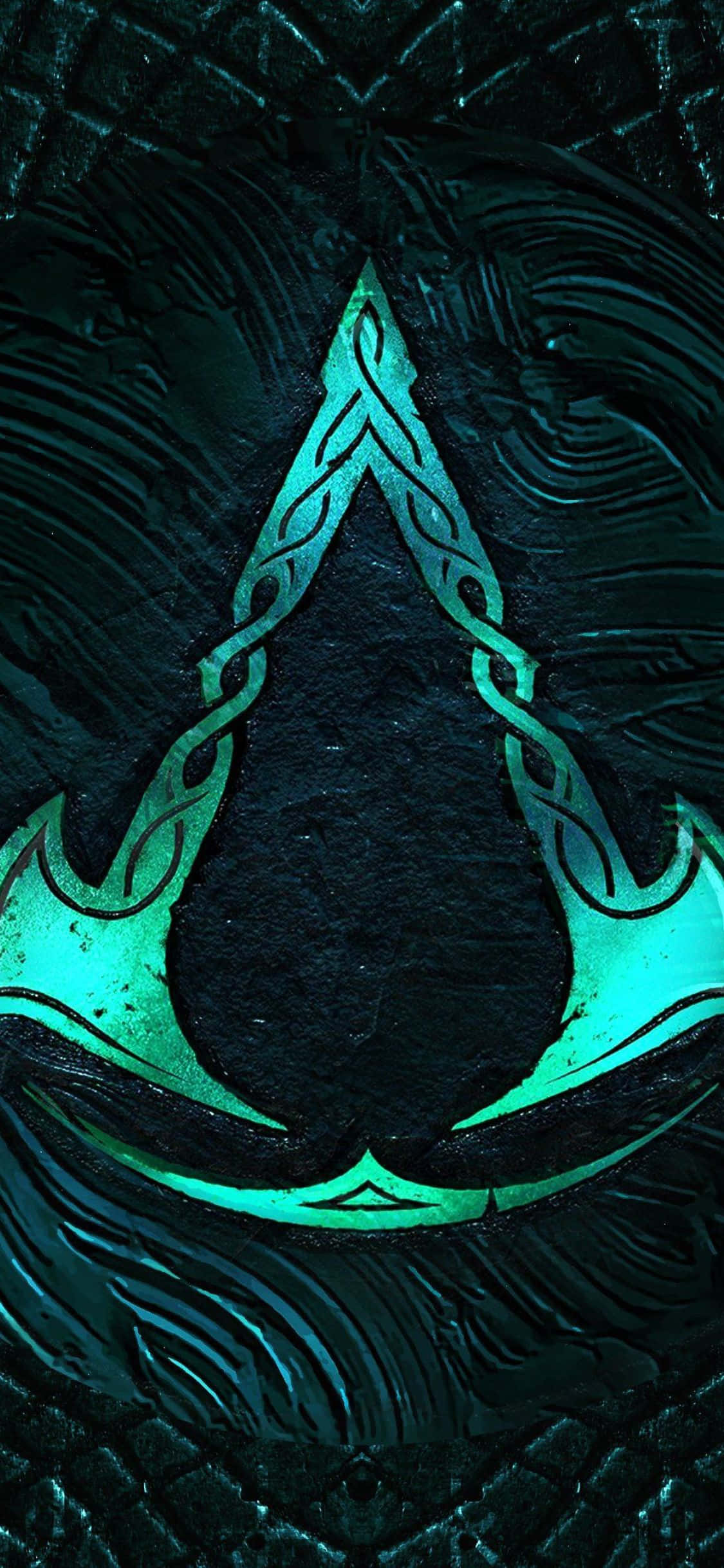 iPhone Xs Assassin's Creed Valhalla Πράσινο Λογότυπο Παιχνιδιού Φτιαγμένο από Τσεκούρια Φόντο Ταπετσαρία