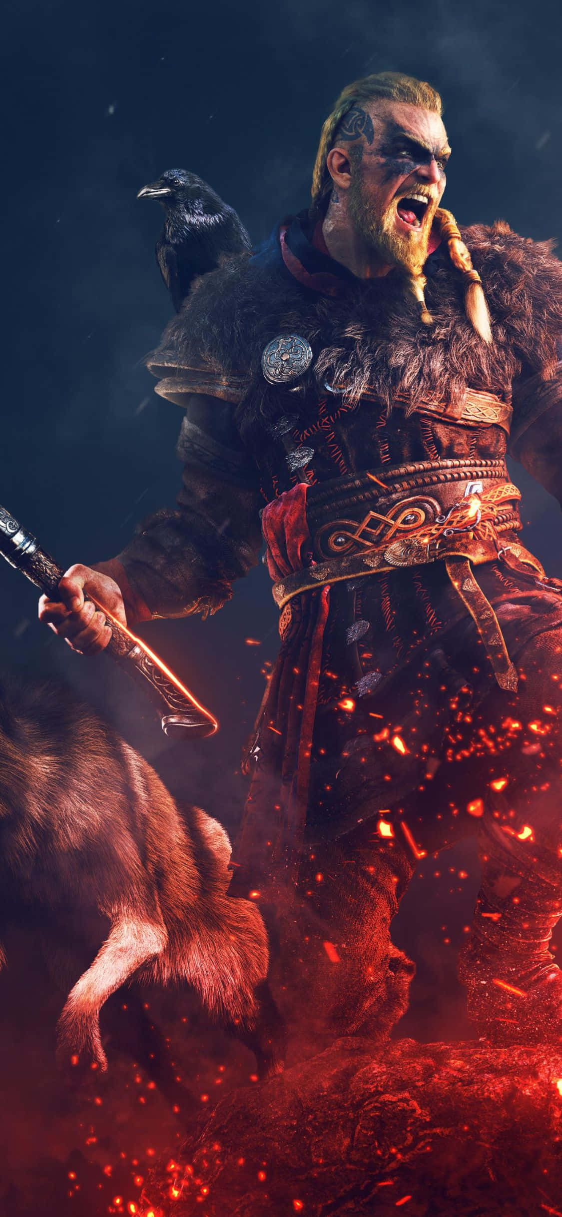 iPhone Xs Assassin's Creed Valhalla Eivor Απέναντι σε Φωτιά Φόντο Ταπετσαρία