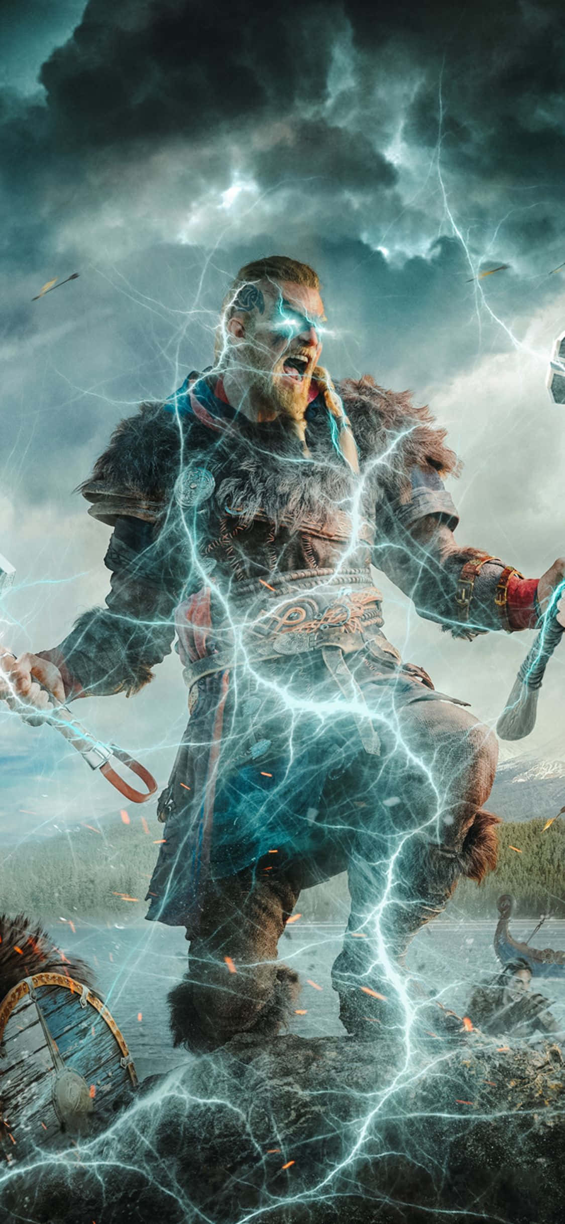 Φόντο iPhone Xs Assassin's Creed Valhalla Eivor με Εφέ Κεραυνού Ταπετσαρία