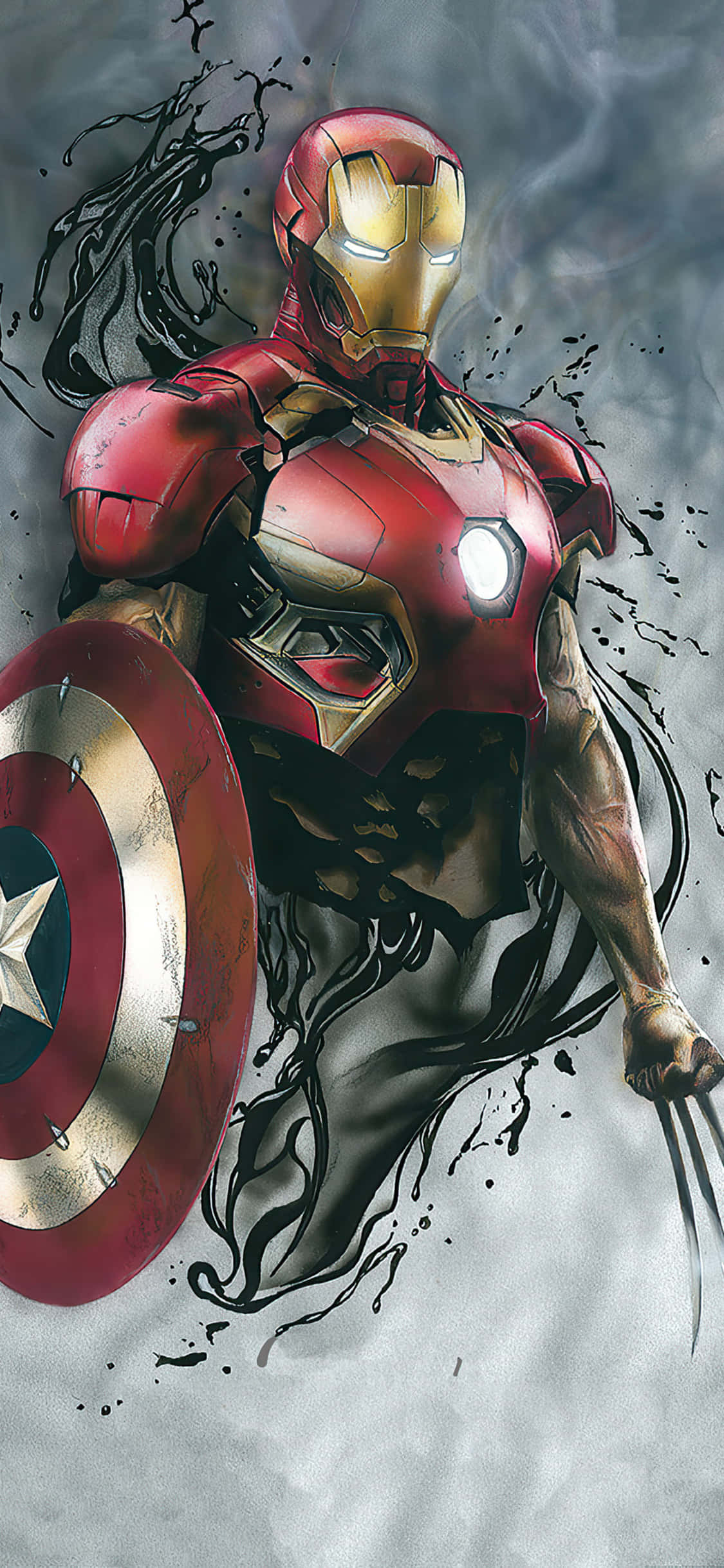 Iron Man με Ασπίδα Captain America και Νύχια Wolverine σε Φόντο iPhone X Ταπετσαρία