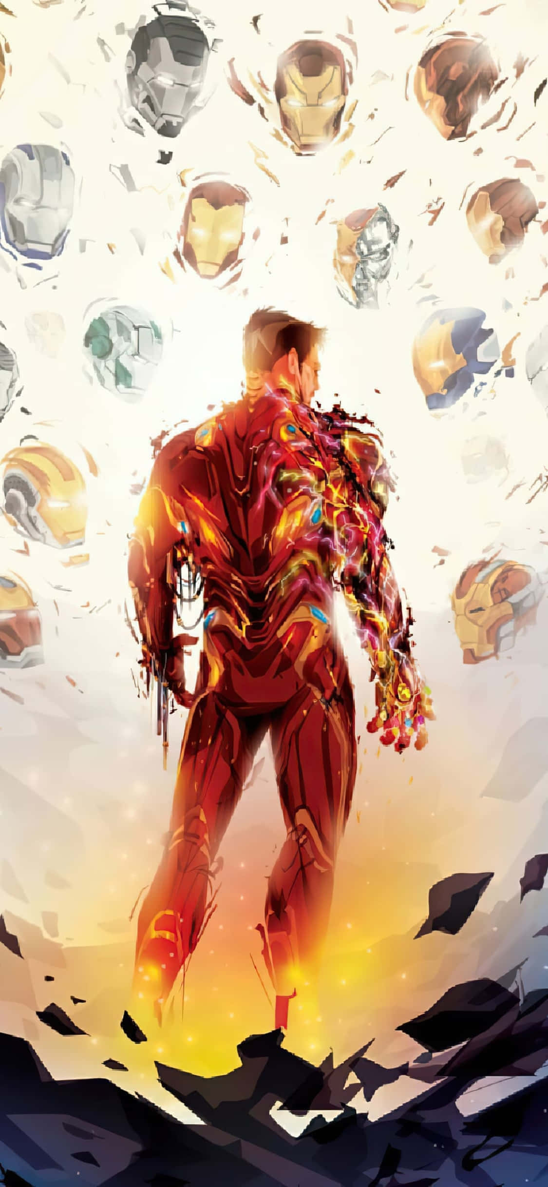 Φόντο Iron Man για iPhone X - Ο Iron Man Περιτριγυρισμένος από Διάφορα Κράνη Ταπετσαρία