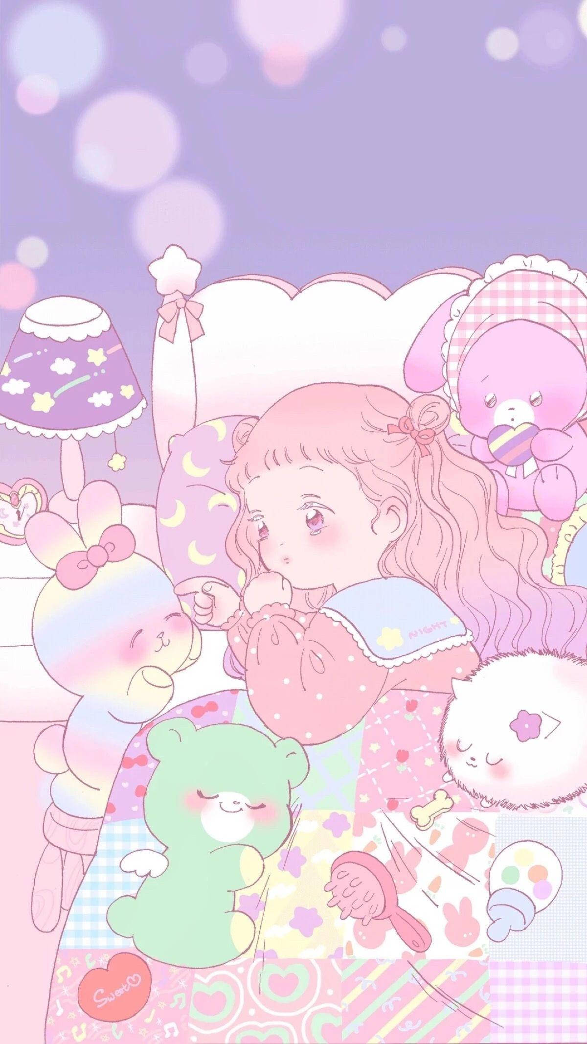 Kawaii Anime Κορίτσι στο Κρεβάτι με Λούτρινα Παιχνίδια Ταπετσαρία