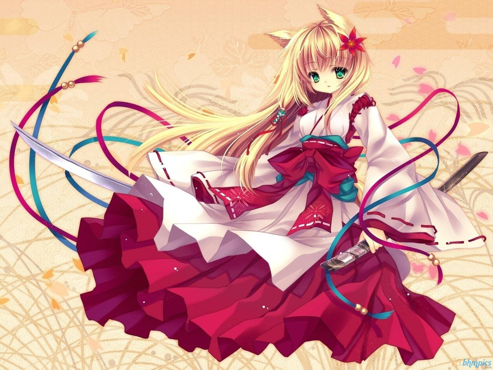 Kawaii Anime Κορίτσι με Αυτιά Γάτας και Κιμονό Ταπετσαρία