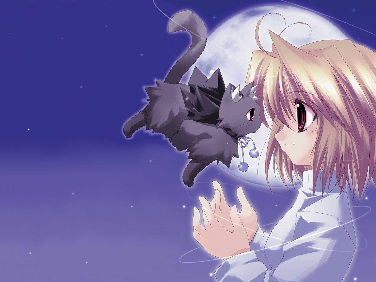 Kawaii Anime Arcueid Brunestud με Ιπτάμενη Γάτα Ταπετσαρία