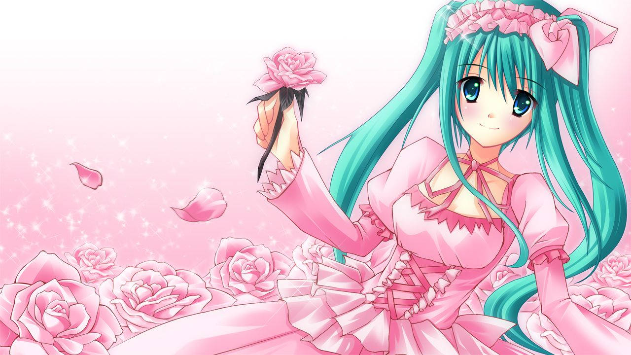 Kawaii Anime Hatsune Miku με Ροζ Φόρεμα και Τριαντάφυλλα Ταπετσαρία