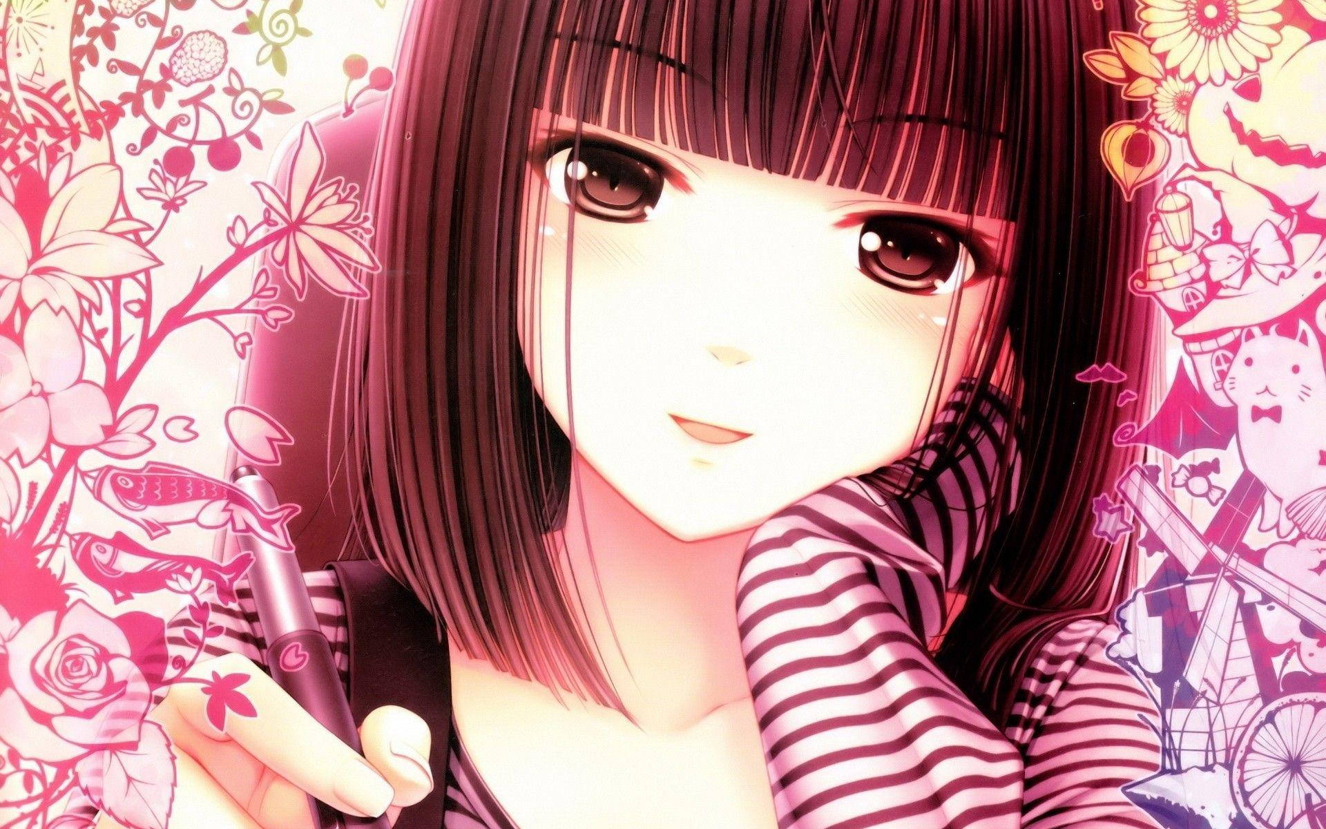 Kawaii Anime Κορίτσι με Στυλό και Σκιτσογραφίες Ταπετσαρία