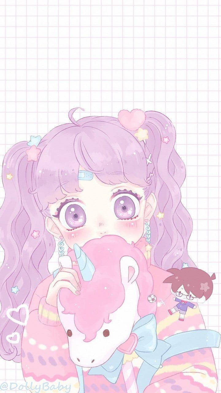 Kawaii Anime Κορίτσι με Λούτρινο Μονόκερο Ταπετσαρία