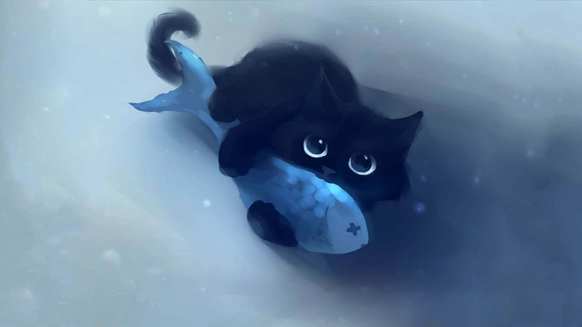 Kawaii Anime Γάτα Αγκαλιάζει Ένα Ψάρι Ταπετσαρία