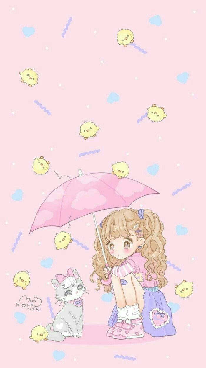 Kawaii χαριτωμένο κοριτσάκι με τη γάτα της Ταπετσαρία