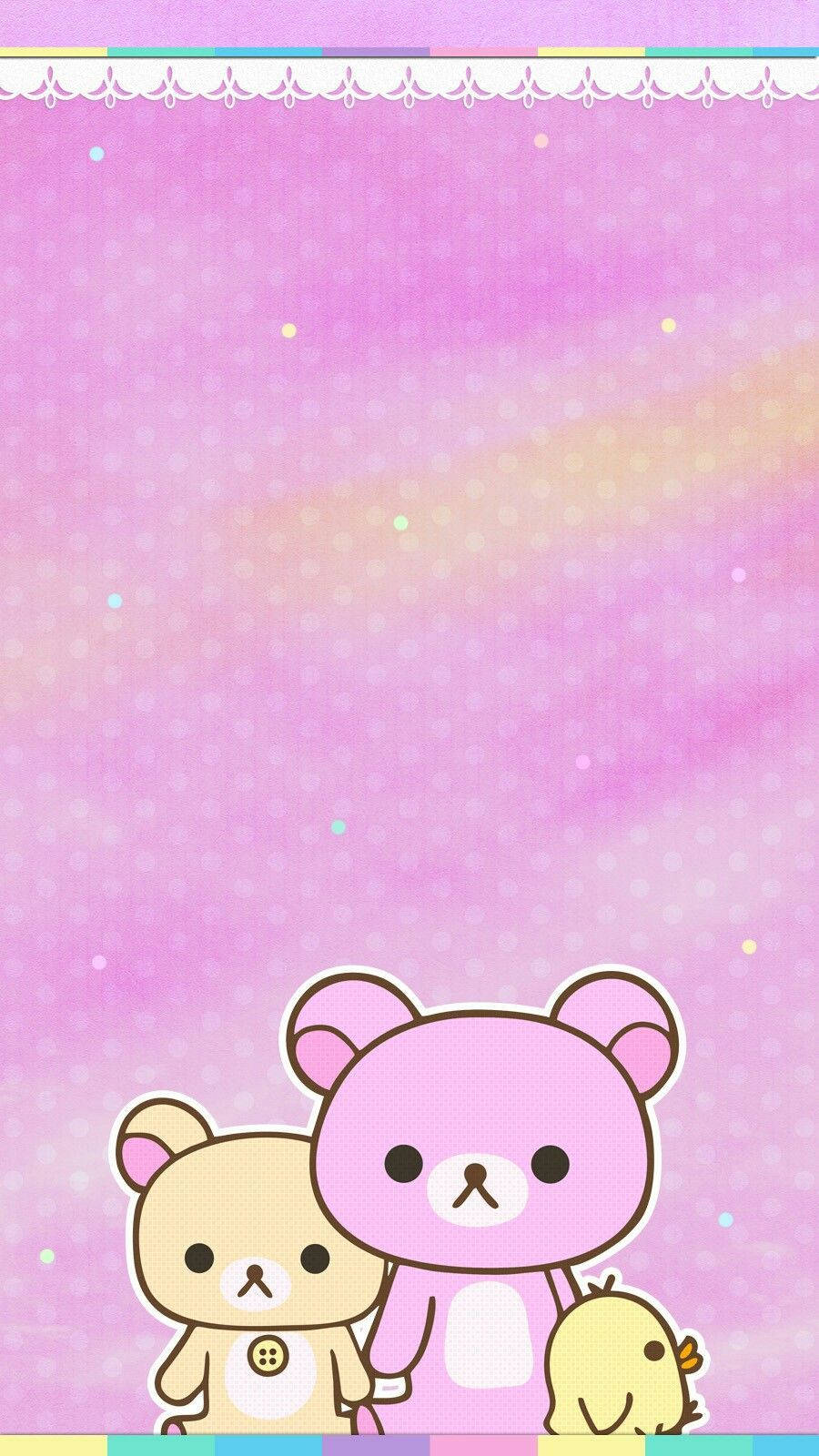 Kawaii Ροζ Rilakkuma Χαρακτήρες σε Πολύχρωμο Ροζ Φόντο Ταπετσαρία