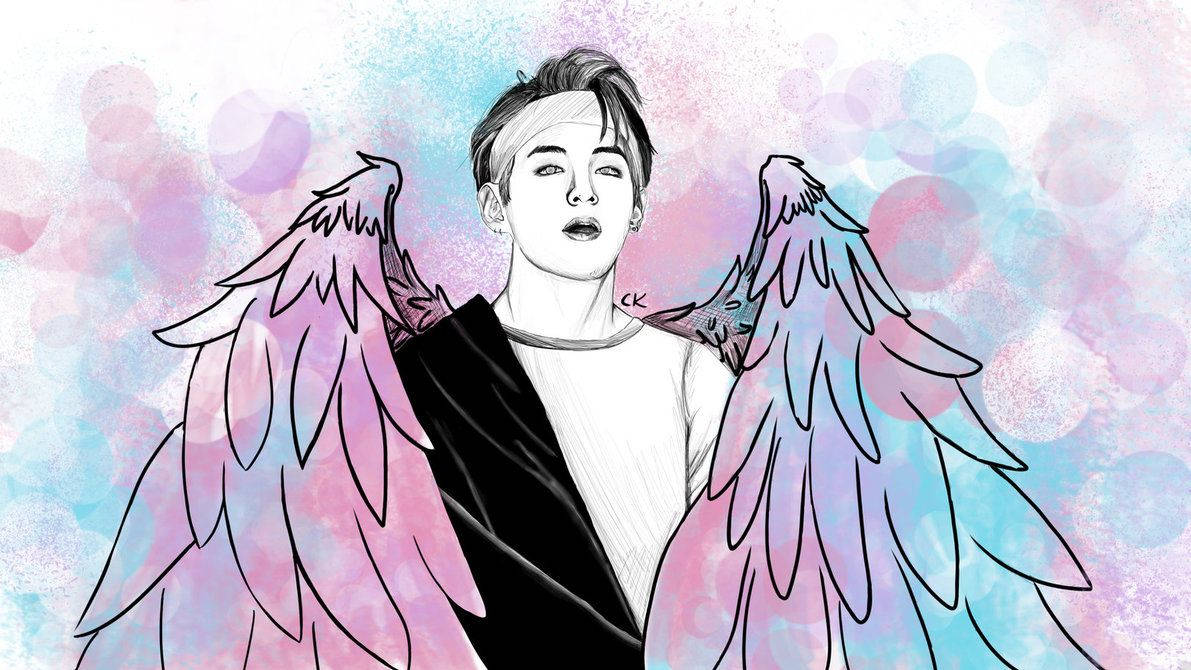 Καλλιτεχνική δημιουργία θαυμαστών του BTS Kim Taehyung με ροζ φτερά αγγέλου. — Bts Ταπετσαρία