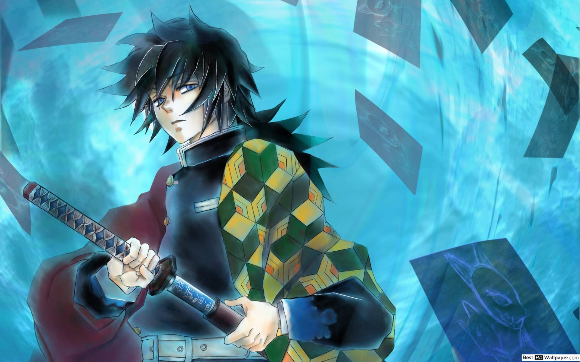 Ταπετσαρία Demon Slayer του Water Hashira Giyu Tomioka να βγάζει το σπαθί του. — Demon Slayer Ταπετσαρία
