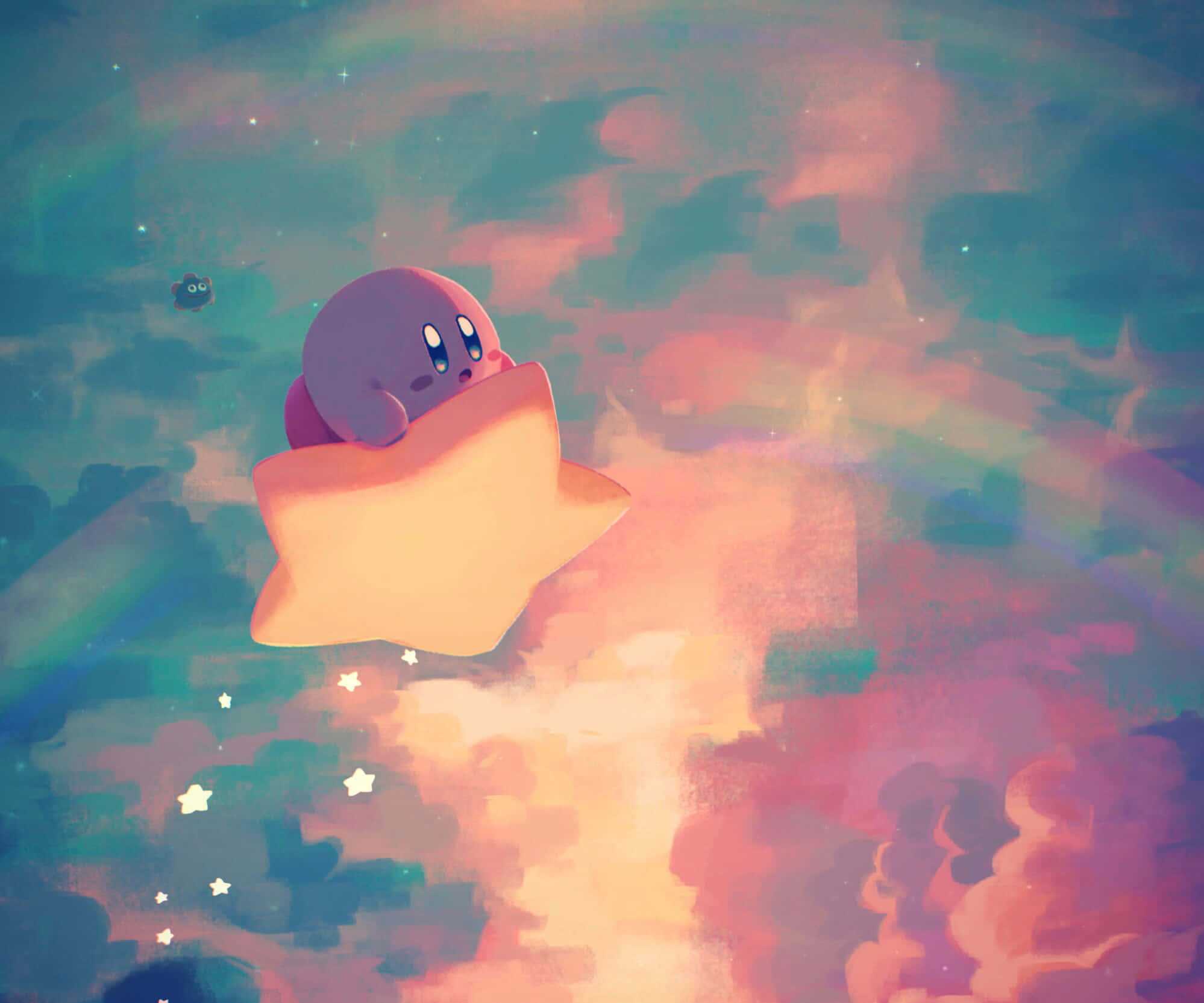 Ο Kirby πετάει μέσα από τον ζωντανό και πολύχρωμο ουρανό. Ταπετσαρία