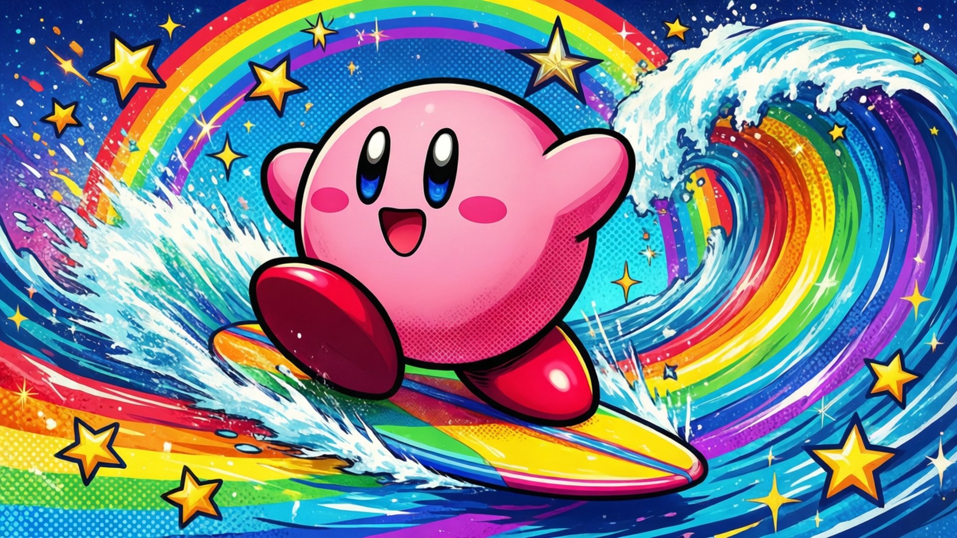 Ο Kirby σερφάρει σε ένα ουράνιο τόξο Ταπετσαρία