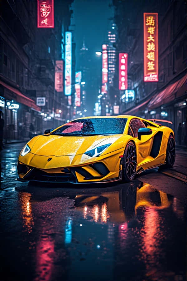 Νέον Κίτρινη Lamborghini τη Νύχτα Φουτουριστικό 4K Ταπετσαρία Πόλης με Φώτα σε Κάθετη Λήψη Ταπετσαρία