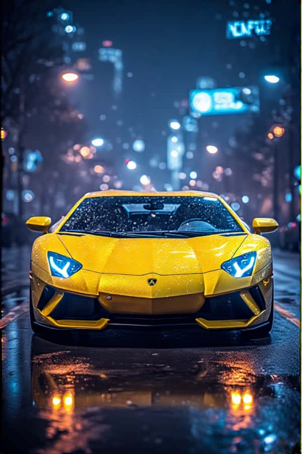 Νέον Κίτρινη Lamborghini τη Νύχτα Φουτουριστική 4K Φώτα Πόλης Πορτρέτο Ταπετσαρία