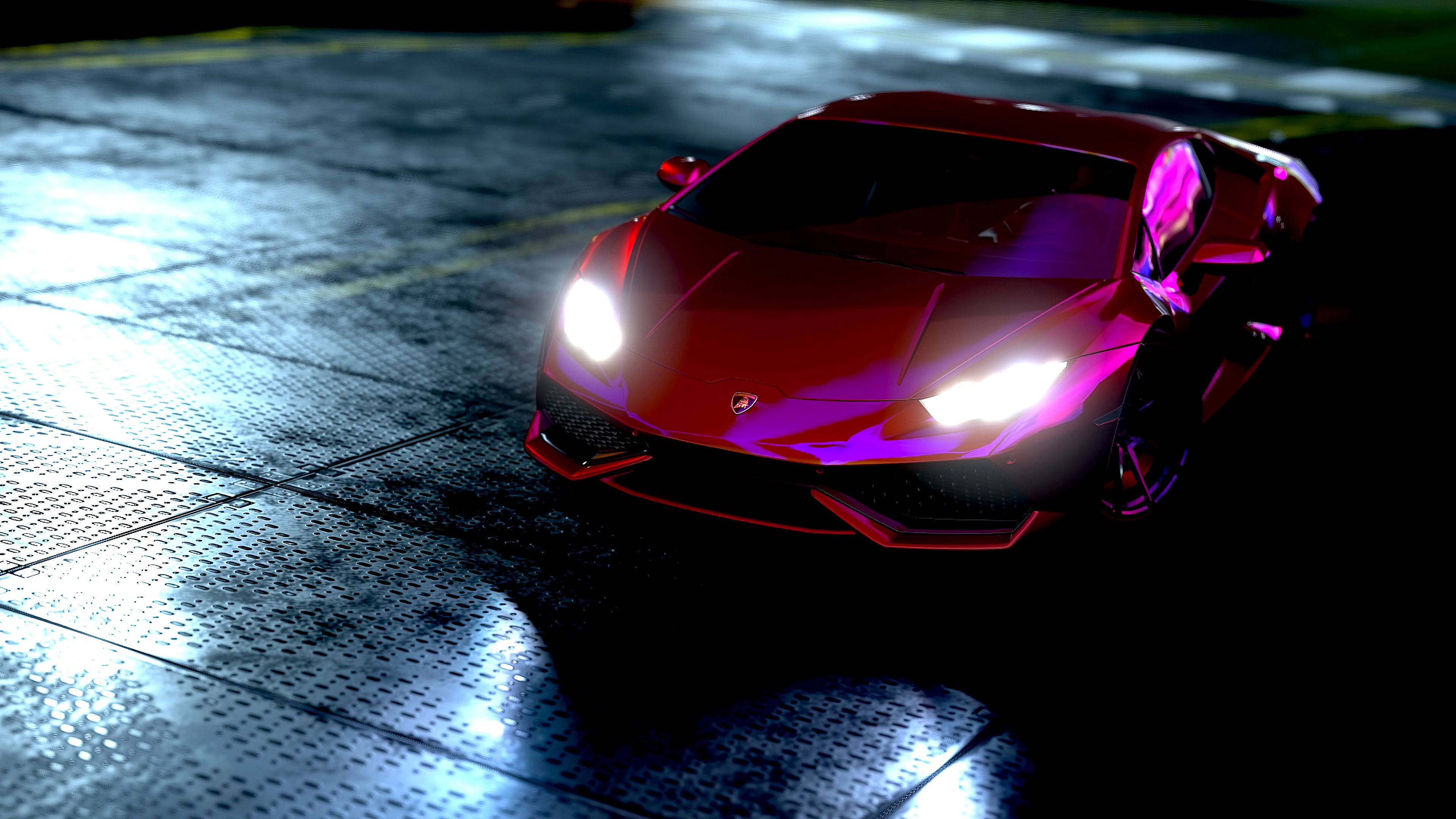 Φωτεινά φώτα, μεγάλη πόλη: Κόκκινη Lamborghini Huracan με νέον λάμψη Ταπετσαρία