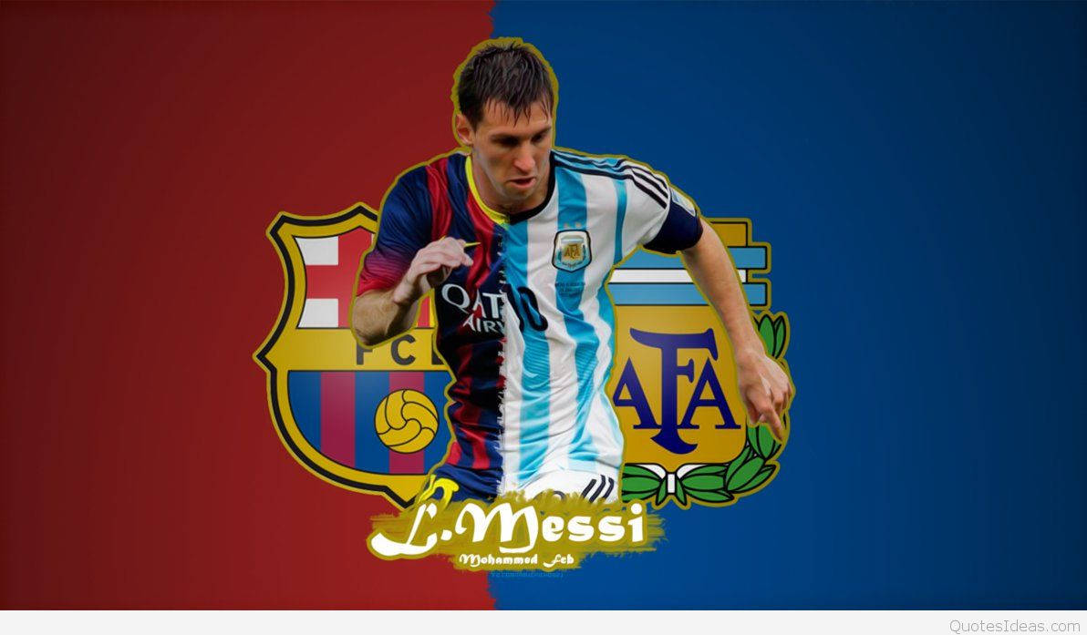 Ο Lionel Messi πανηγυρίζει με τα λογότυπα της Μπαρτσελόνα και της Αργεντινής Ταπετσαρία