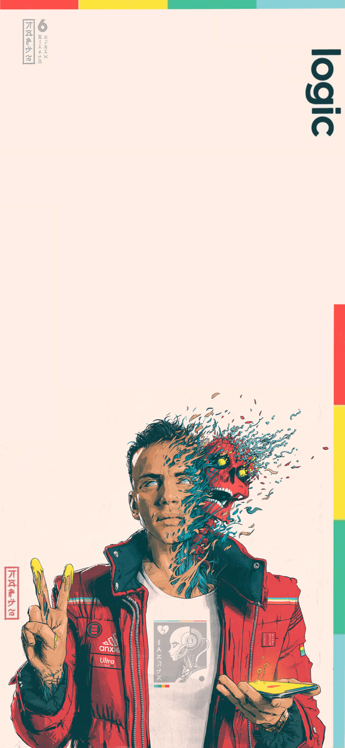 logic - ένας άντρας με κόκκινο μπουφάν κάνει σήμα ειρήνης Ταπετσαρία