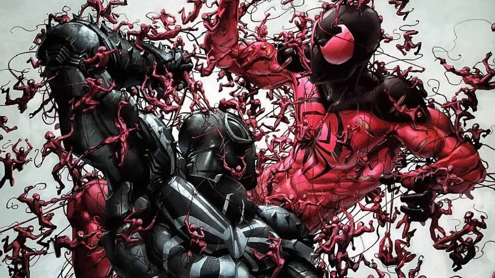 Marvel υπερήρωας Spider-Man κόκκινο και μαύρο με μικροσκοπικούς άντρες. — Marvel Ταπετσαρία