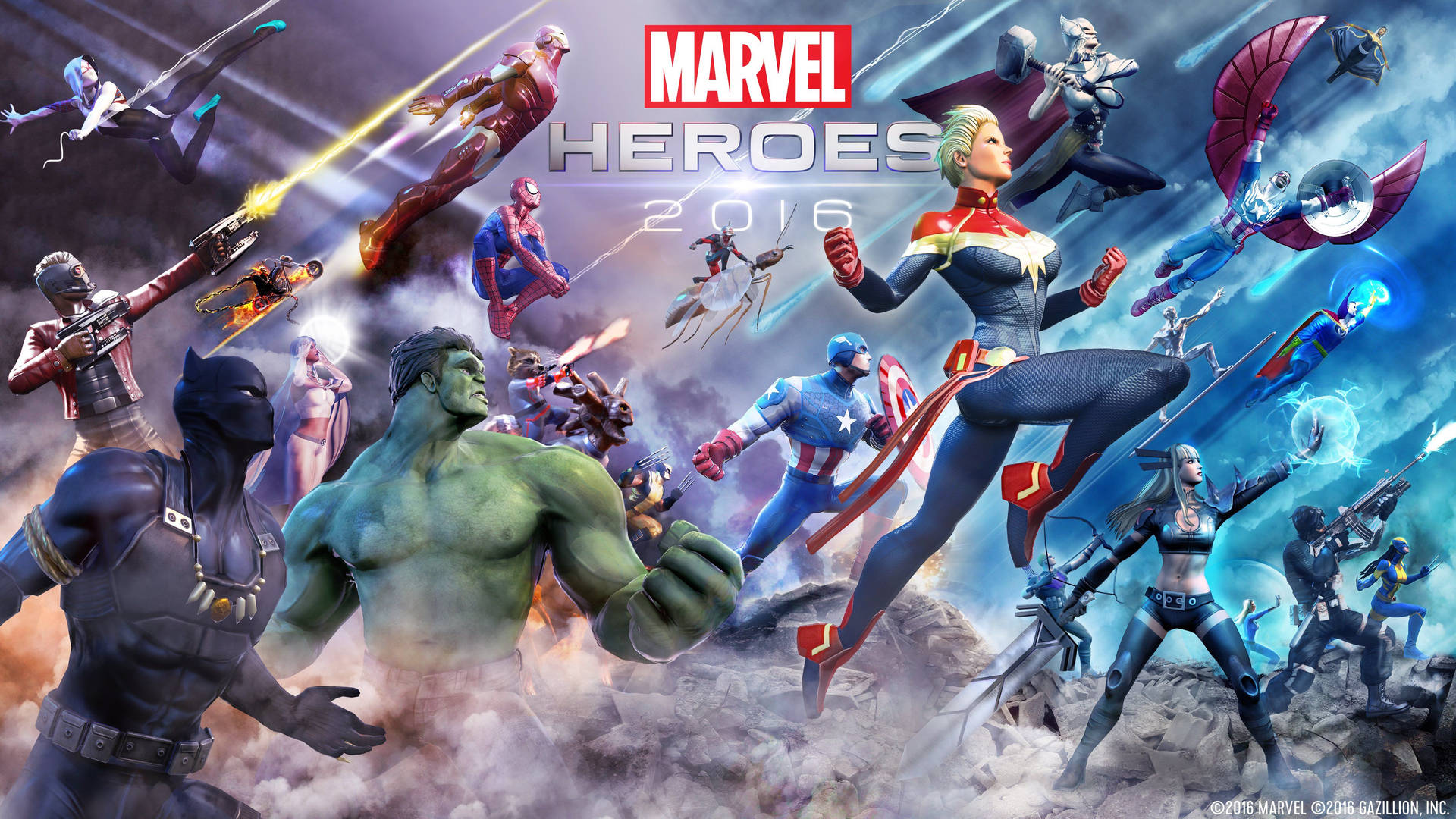 Marvel Υπερήρωες 2016 κοιτάζοντας ψηλά ενώ επιτίθενται στους εχθρούς. — Marvel Ταπετσαρία