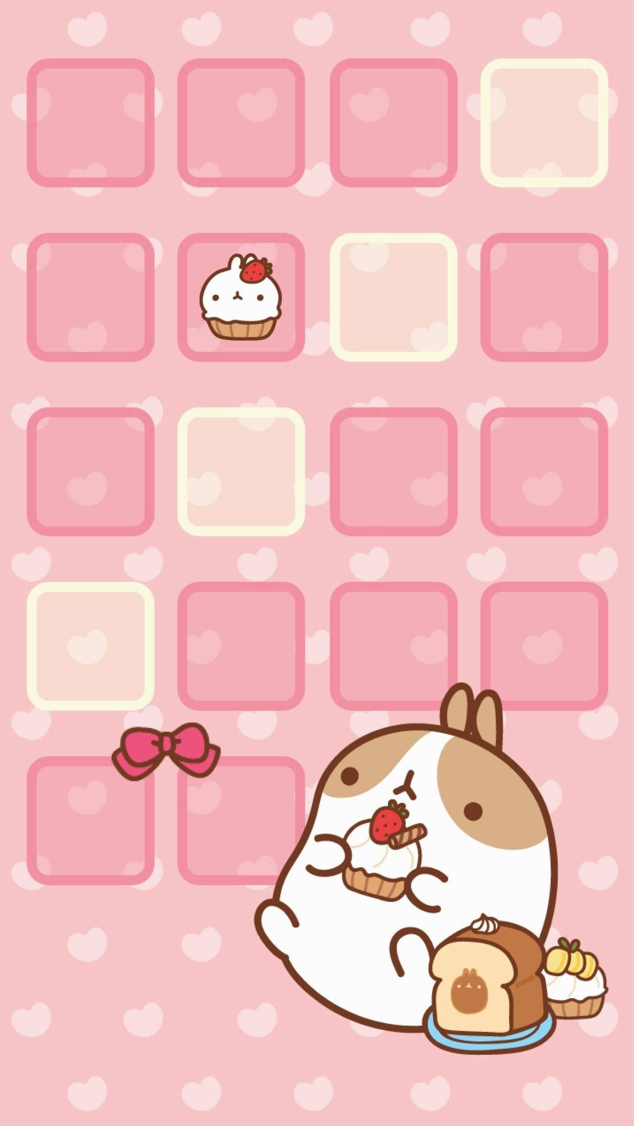 Molang τρώει σε kawaii ροζ φόντο Ταπετσαρία
