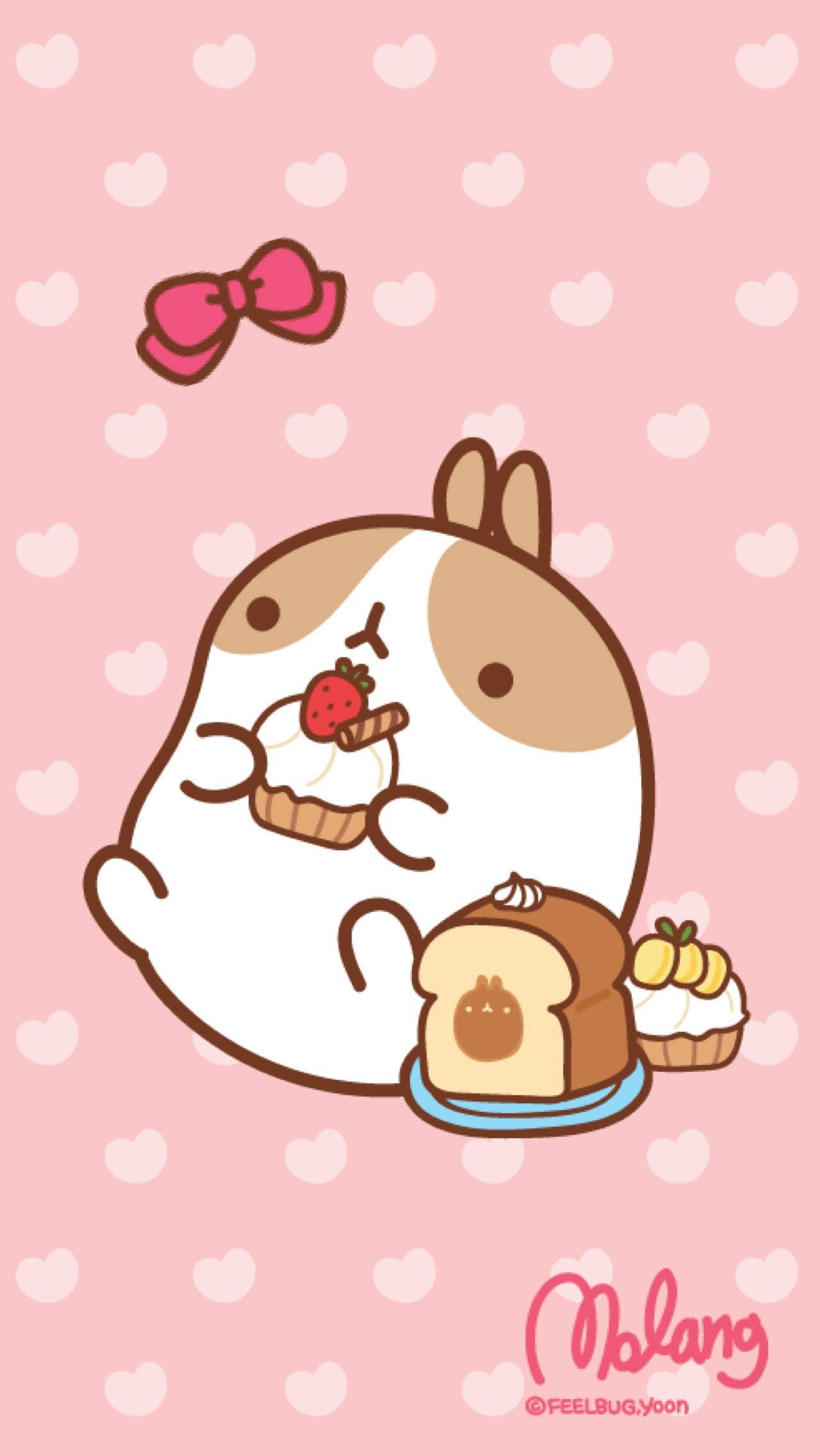 Molang τρώει σε kawaii ροζ πουά Ταπετσαρία