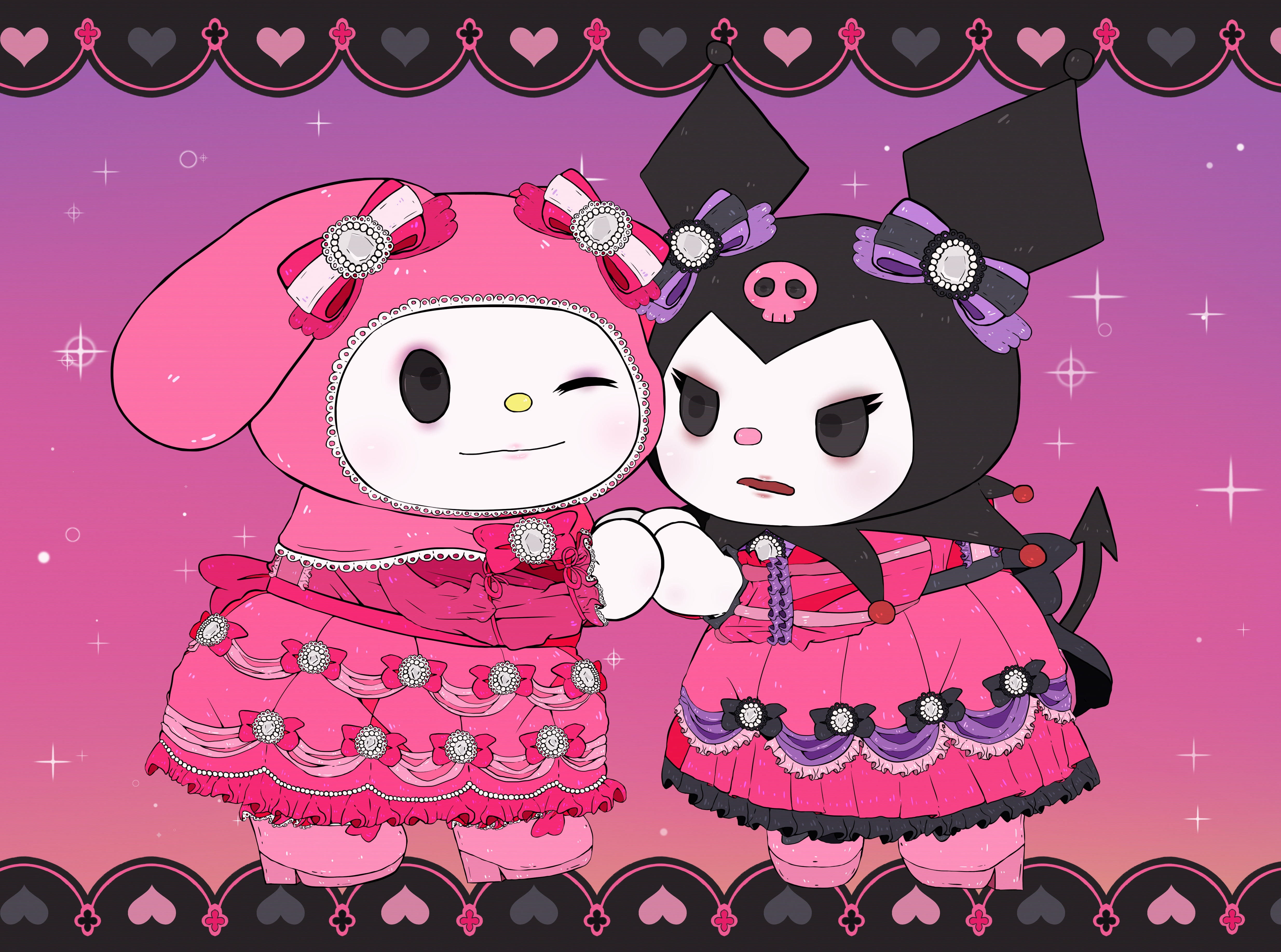 Αξιολάτρευτες My Melody και Kuromi με Ροζ Φορέματα Ταπετσαρία