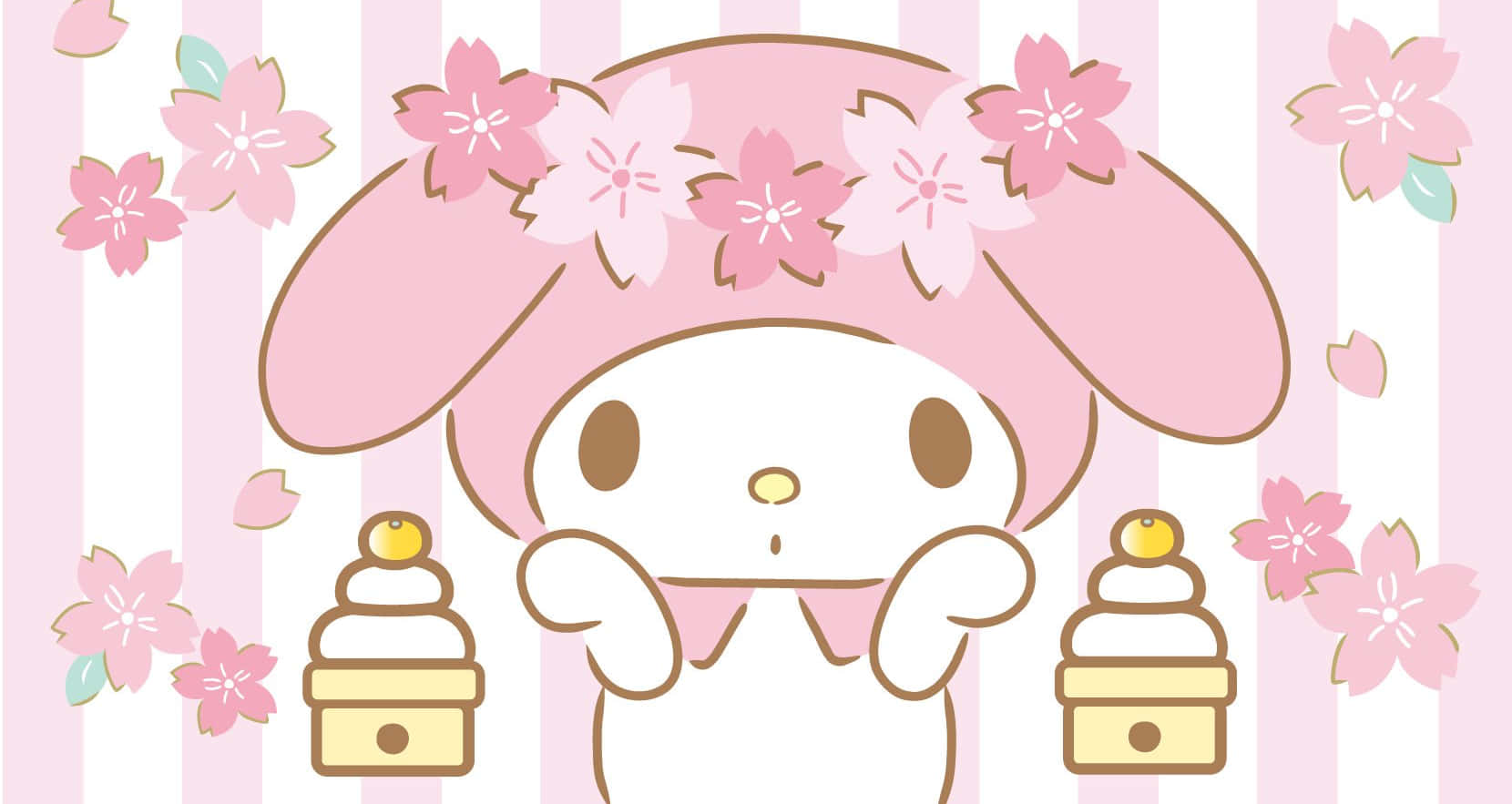 My Melody Επιφάνεια Εργασίας Κέικ και Ροζ Λουλούδια Ταπετσαρία