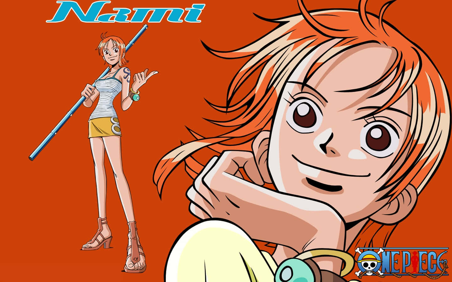 Νεαρή Nami One Piece σε σκούρο πορτοκαλί φόντο Ταπετσαρία