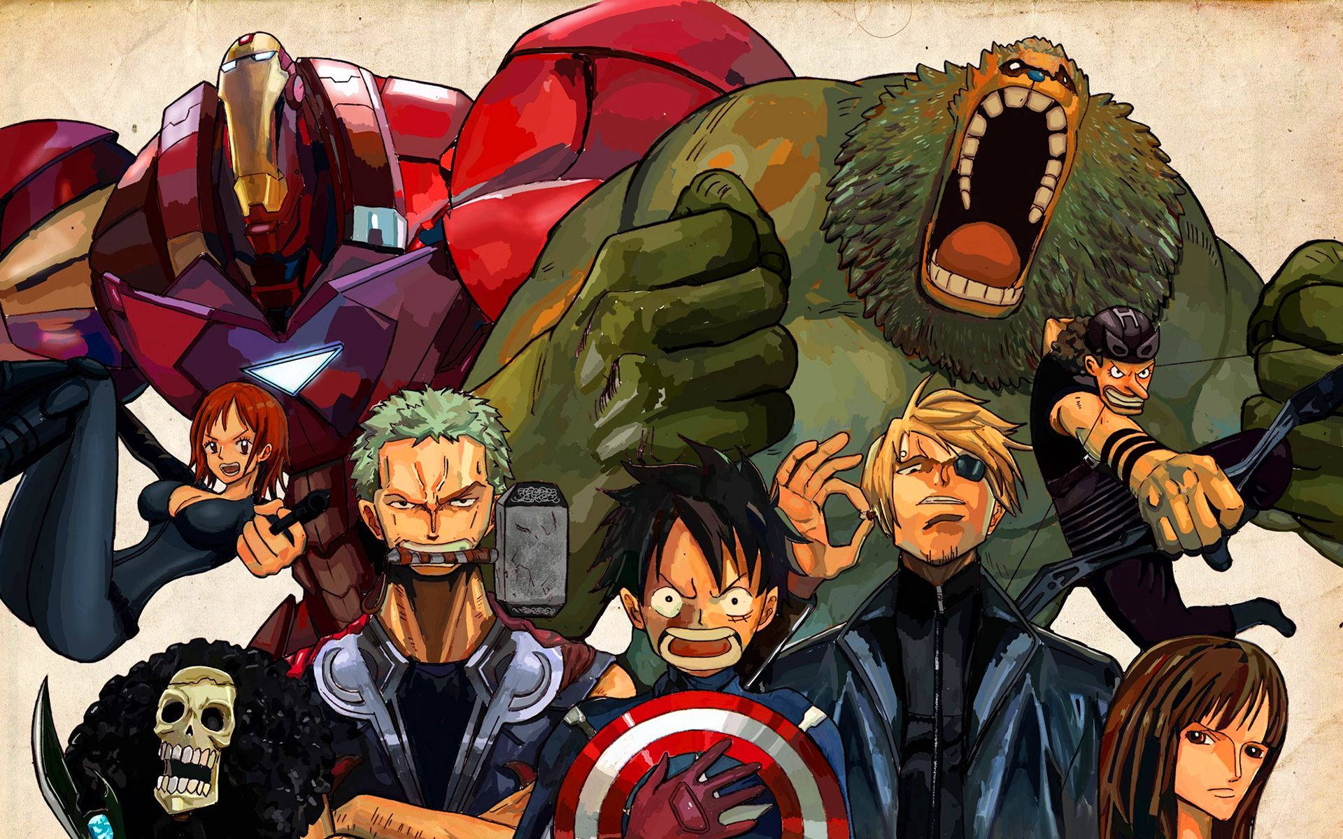 Ταπετσαρία crossover των πειρατών One Piece με υπερήρωες Marvel. — One Piece Ταπετσαρία