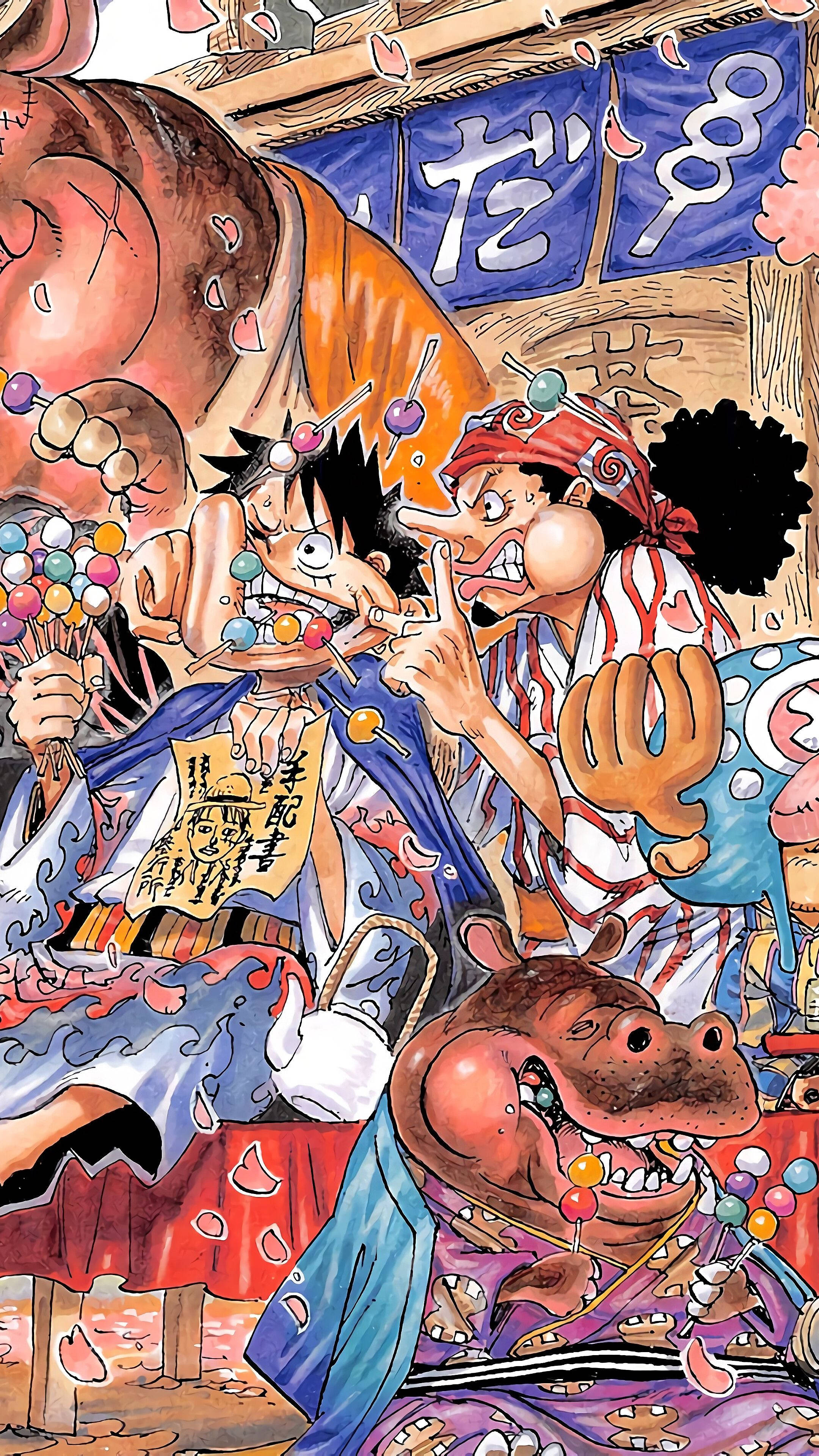 One Piece Τηλέφωνο Ο Λούφι και ο Ουσόπ τρώνε ντάνγκο Ταπετσαρία