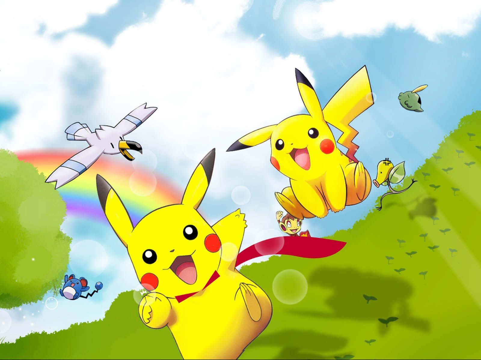 Pikachu στο χέρι με ροζ ουρανό Ταπετσαρία
